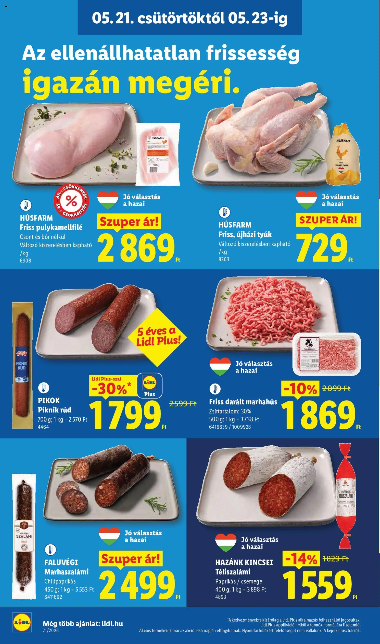 Lidl akciós ujság - amely érvényes a következő dátumtól: 21.05.2026 | Oldal: 8 | Termékek: Darált marhahús, Pulykamellfilé, Szalámi, Téliszalámi