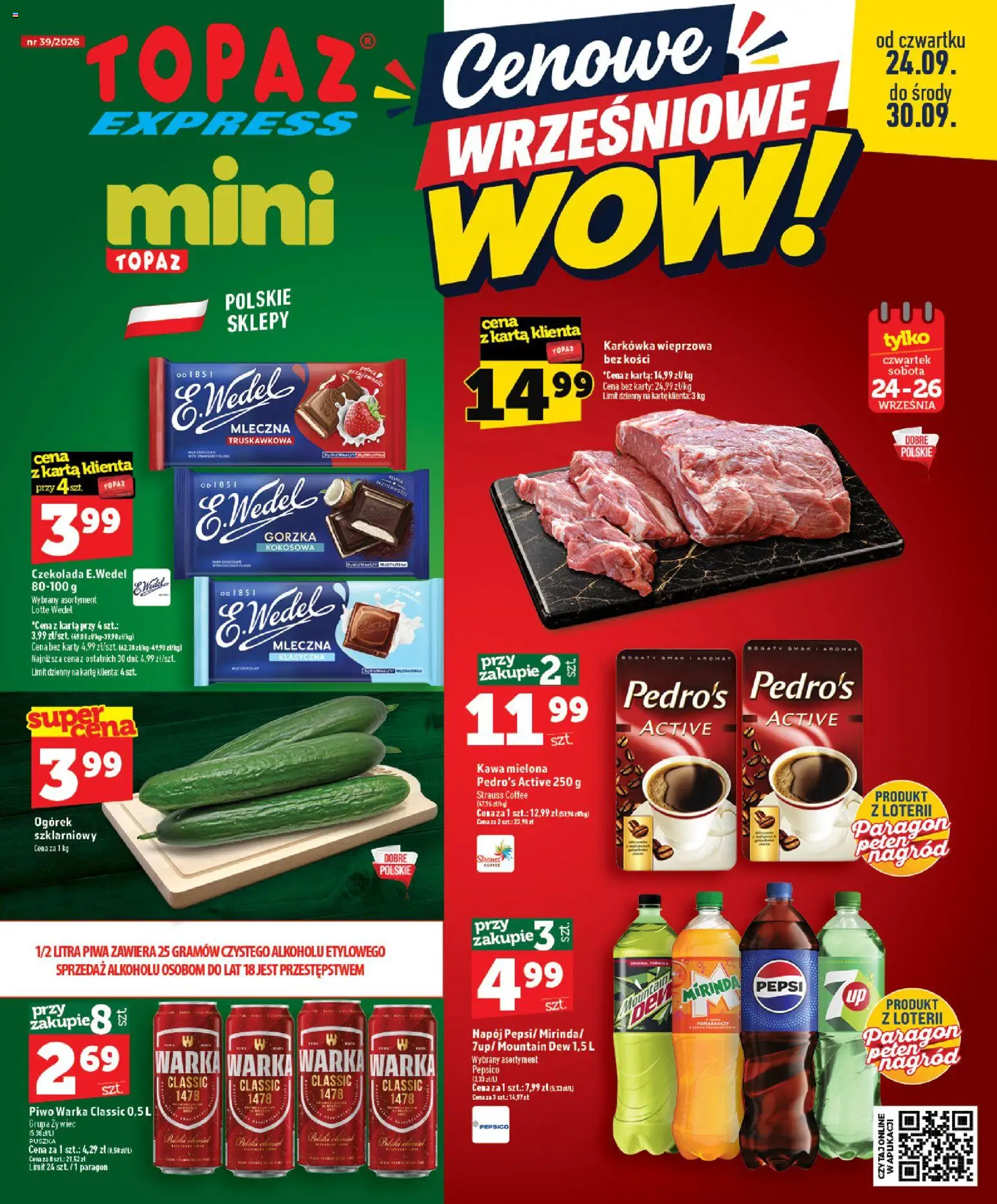 Topaz gazetka - Express od 24.09.2026 | Strona: 1 | Produkty: Karta, Warka, Ogórek, Kawa