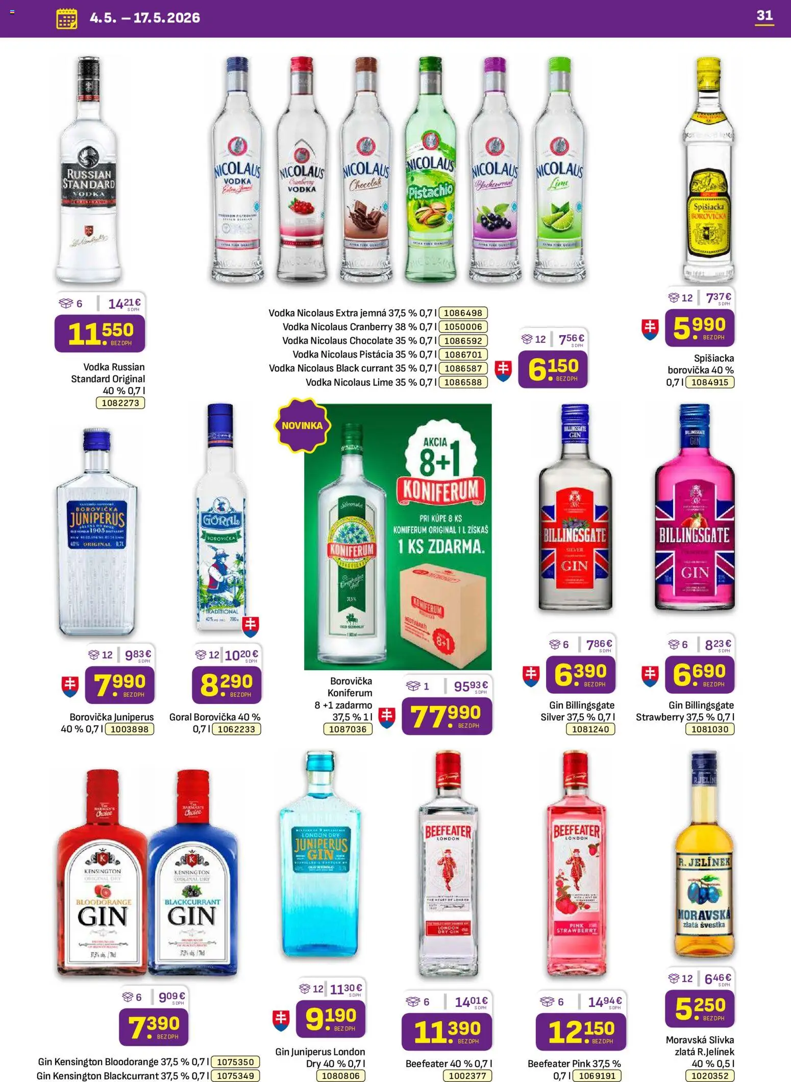 Nové Libex akcie – leták je platný od 04.05.2026 | Strana: 31 | Produkty: Borovička, Koniferum, Gin, Vodka