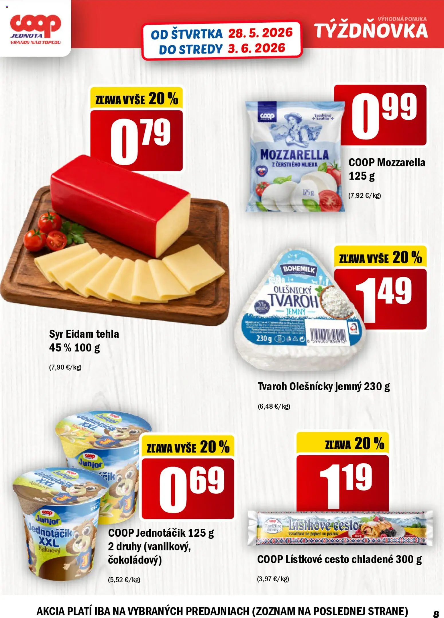 Nové COOP Jednota akcie – leták je platný od 28.05.2026 | Strana: 8 | Produkty: Syr, Eidam, Mozzarella, Lístkové cesto