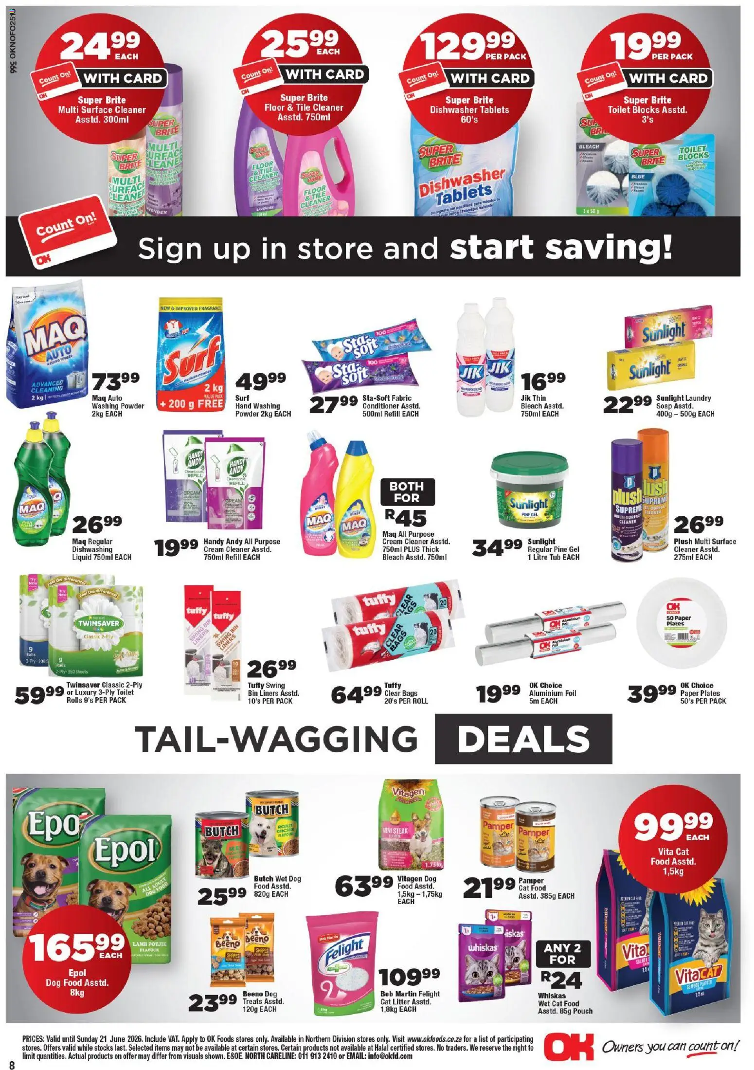 New OK Foods catalogue – valid from 10.06.2026 | Page: 8 | Products: Steak, Toilet, Dishwasher tablets, Dog food