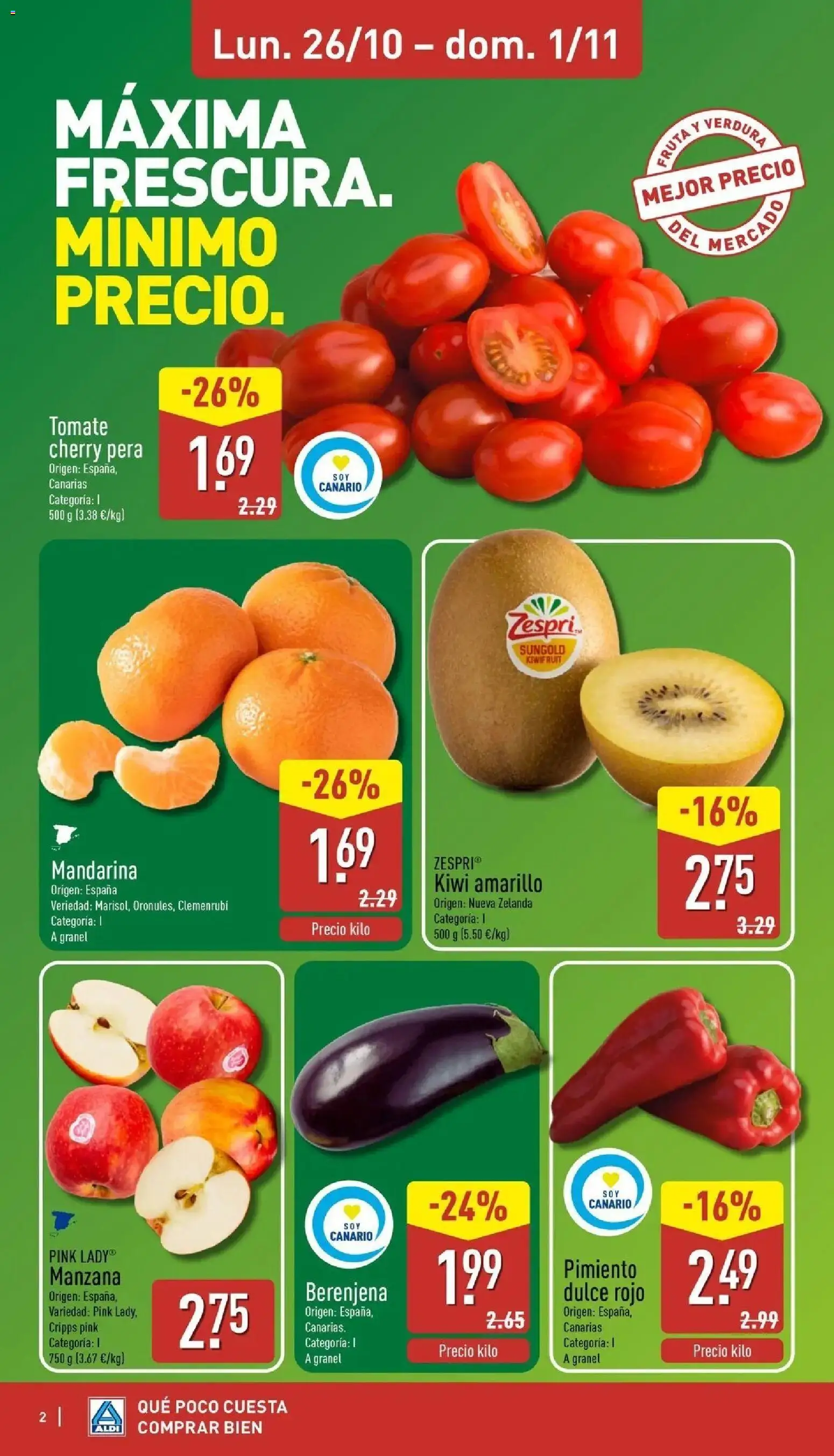 Aldi - Qué poco cuesta comprar bien │ válido desde el 26/10/2026 | Página: 2 | Productos: Pimiento, Kiwi, Manzana, Apple