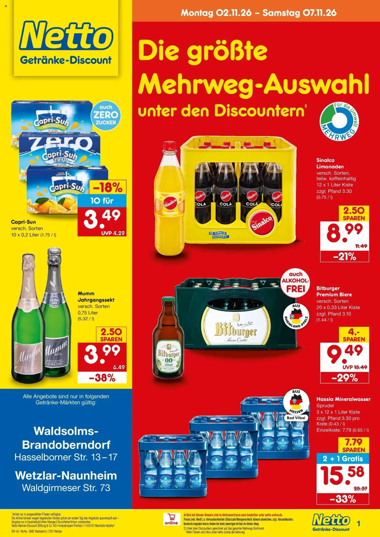 Netto Marken-Discount Prospekt Waldsolms-Brandoberndorf – gültig ab 02.11.2026 | Seite: 1 | Produkte: Bitburger, Capri sun, Mineralwasser, Alkohol