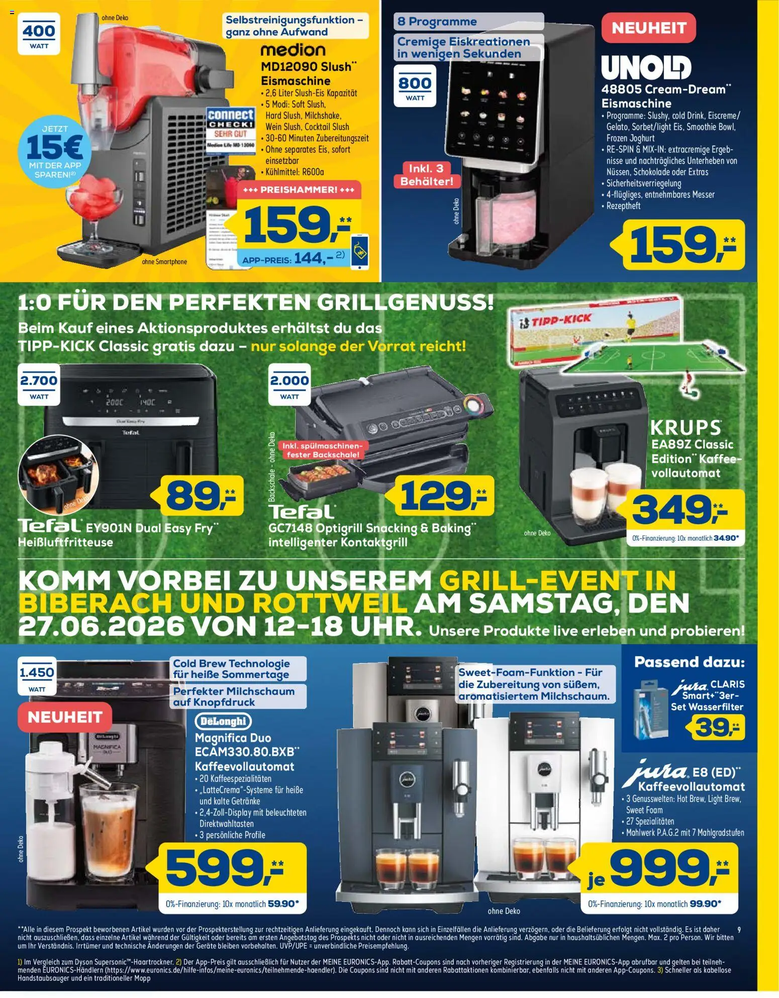 Euronics Unsere aktuelle Beilage – gültig ab 27.06.2026 | Seite: 9 | Produkte: Joghurt, Wein, Kaffeevollautomat, Heißluftfritteuse