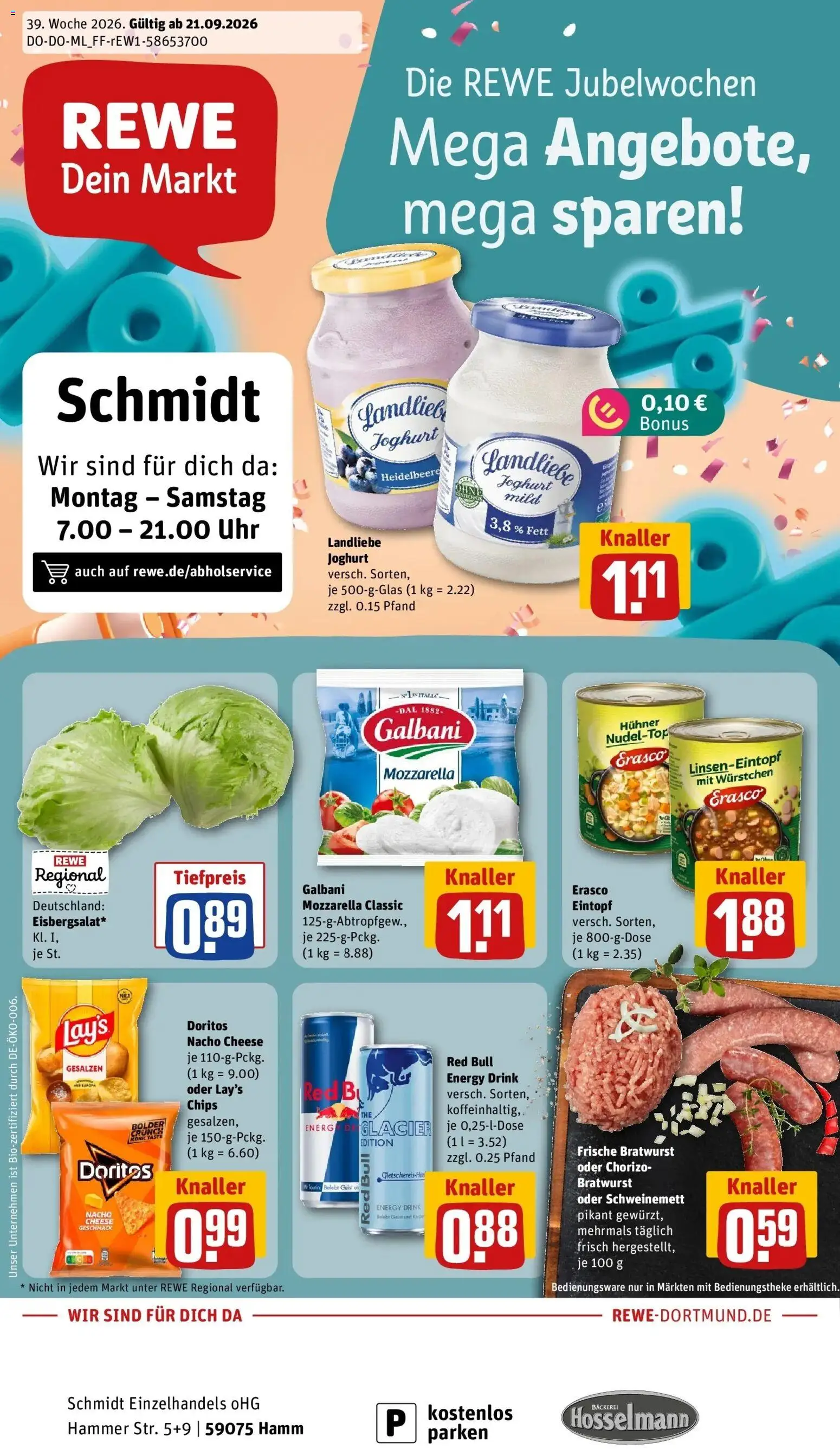REWE Prospekt ab 21.09.2026 zum Blättern » Angebote | Seite: 1 | Produkte: Bäckerei, Energy, Joghurt, Chips