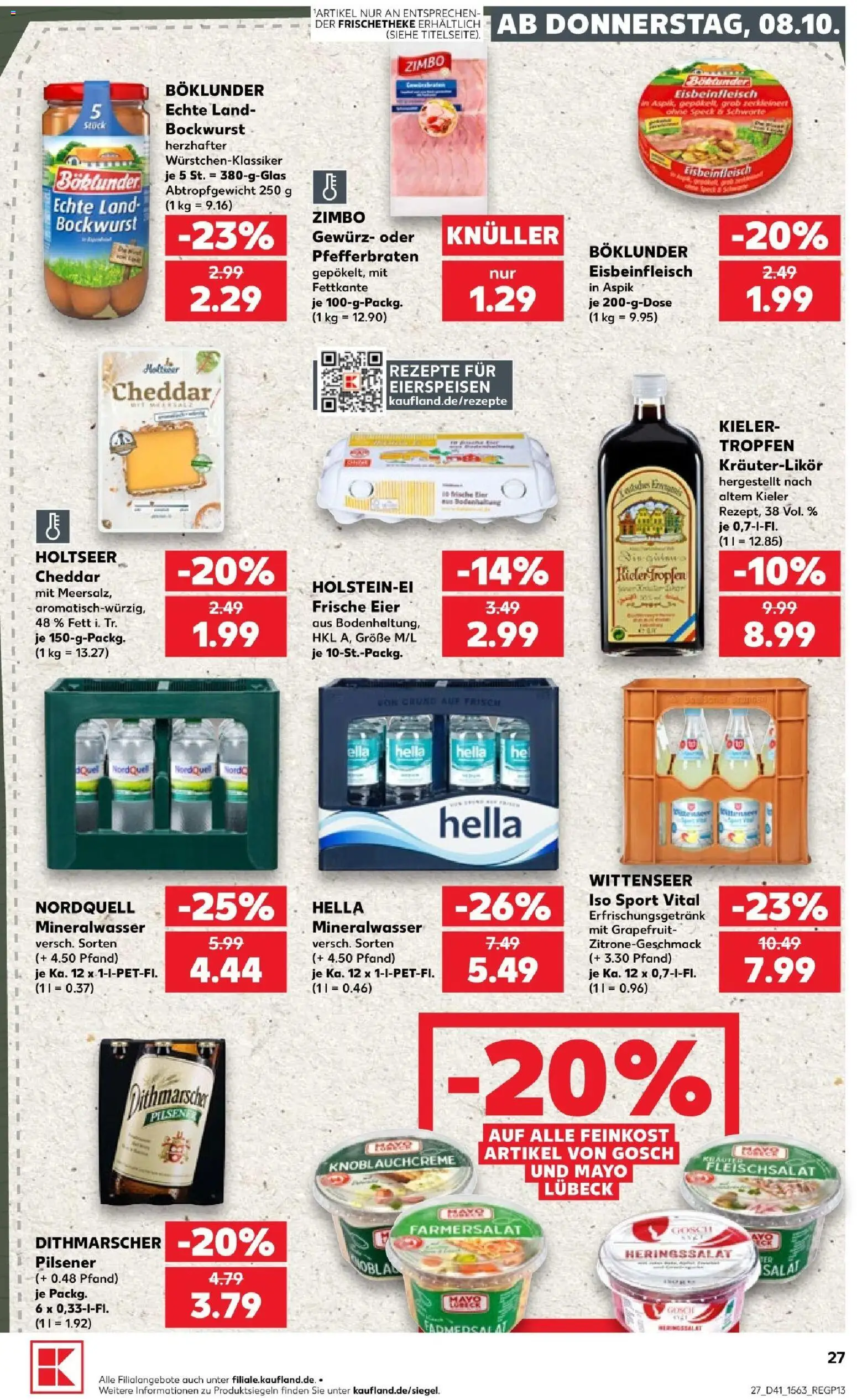 Kaufland Prospekt Kiel – gültig ab 08.10.2026 | Seite: 29 | Produkte: Bockwurst, Mineralwasser, Hella, Salat