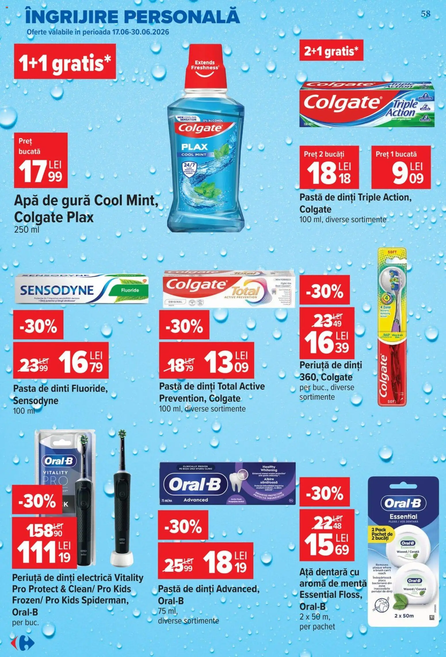 Noul catalog Carrefour – valabil de la 24.06.2026 | Pagină: 58 | Produse: Ață dentară, Periuță De Dinți Electrică, Pastă de dinți, Apă de gură