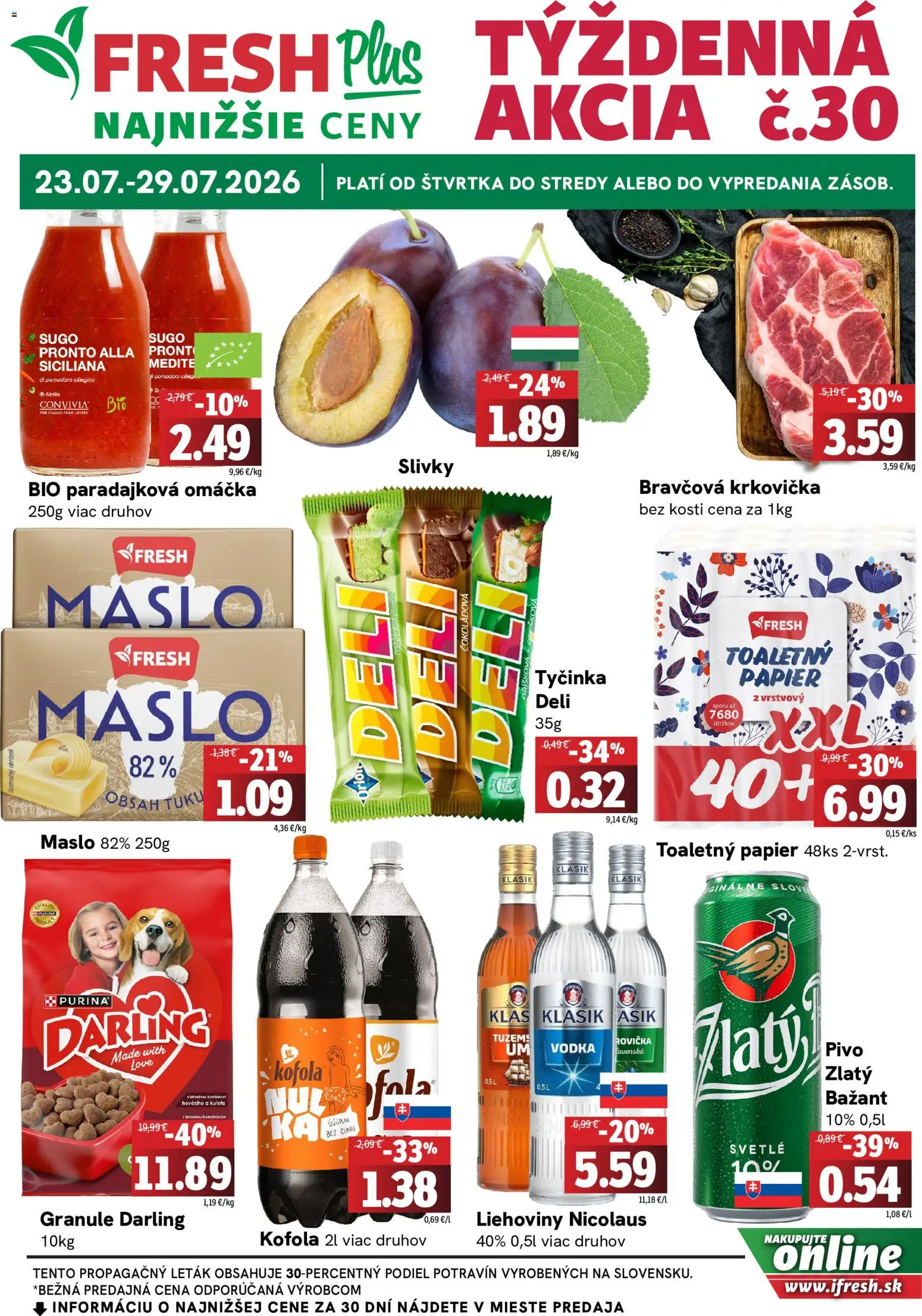 Nové Fresh akcie – leták je platný od 23.07.2026 | Strana: 1 | Produkty: Maslo, Pivo, Kofola, Toaletný papier