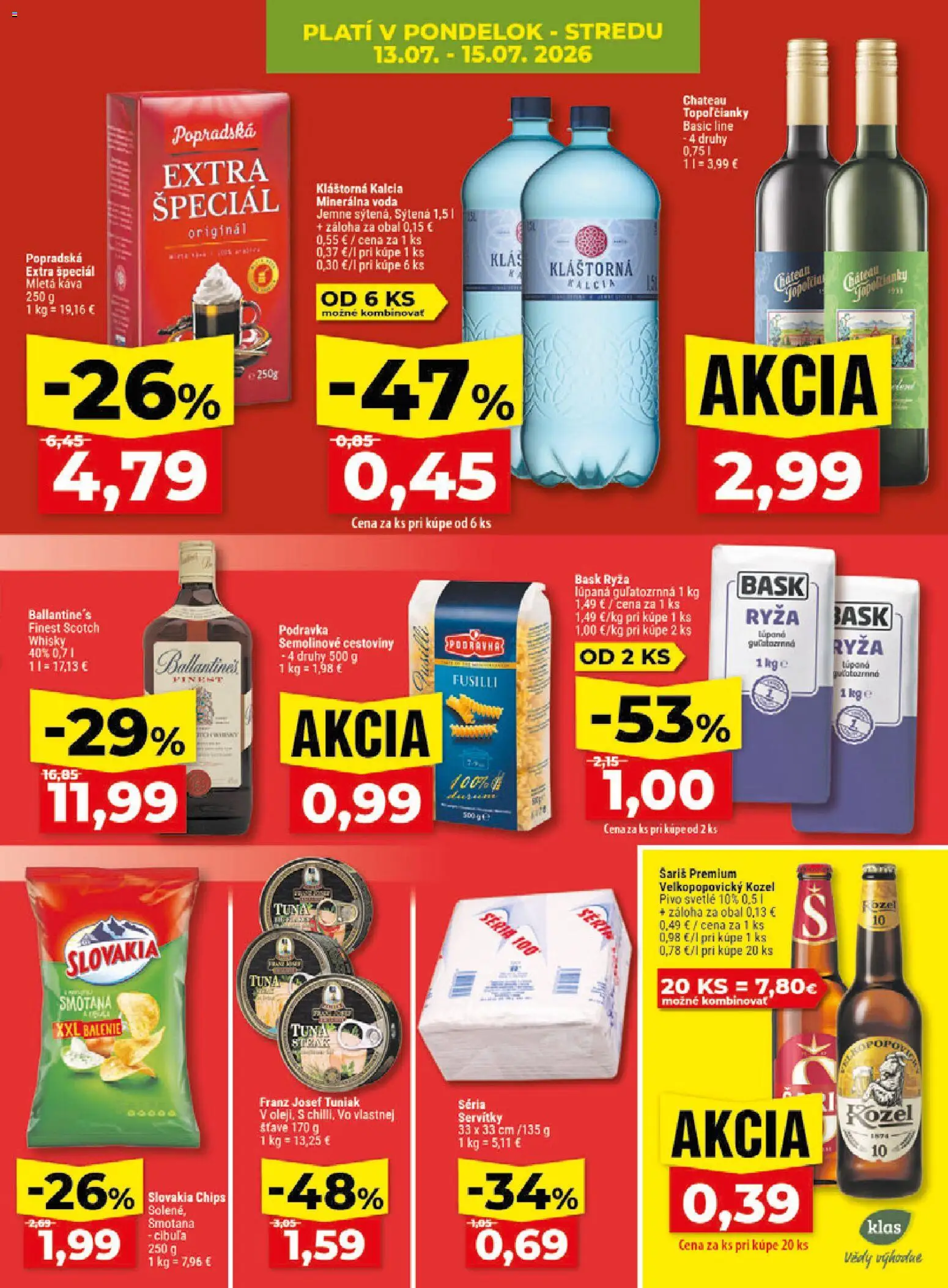Nové Klas akcie – leták je platný od 13.07.2026 | Strana: 5 | Produkty: Káva, Ryža, Semolínové cestoviny, Minerálna voda