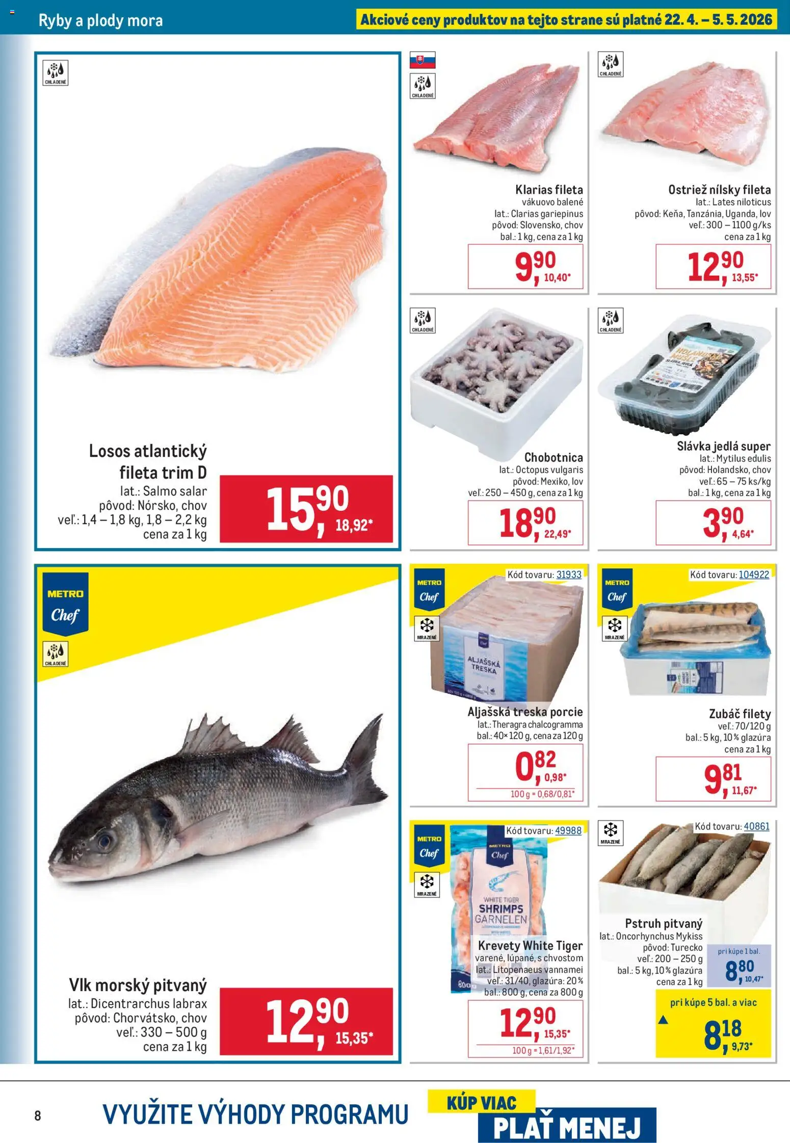 Nové Metro akcie – leták je platný od 22.04.2026 | Strana: 8 | Produkty: Krevety, Ryby, Pstruh, Treska