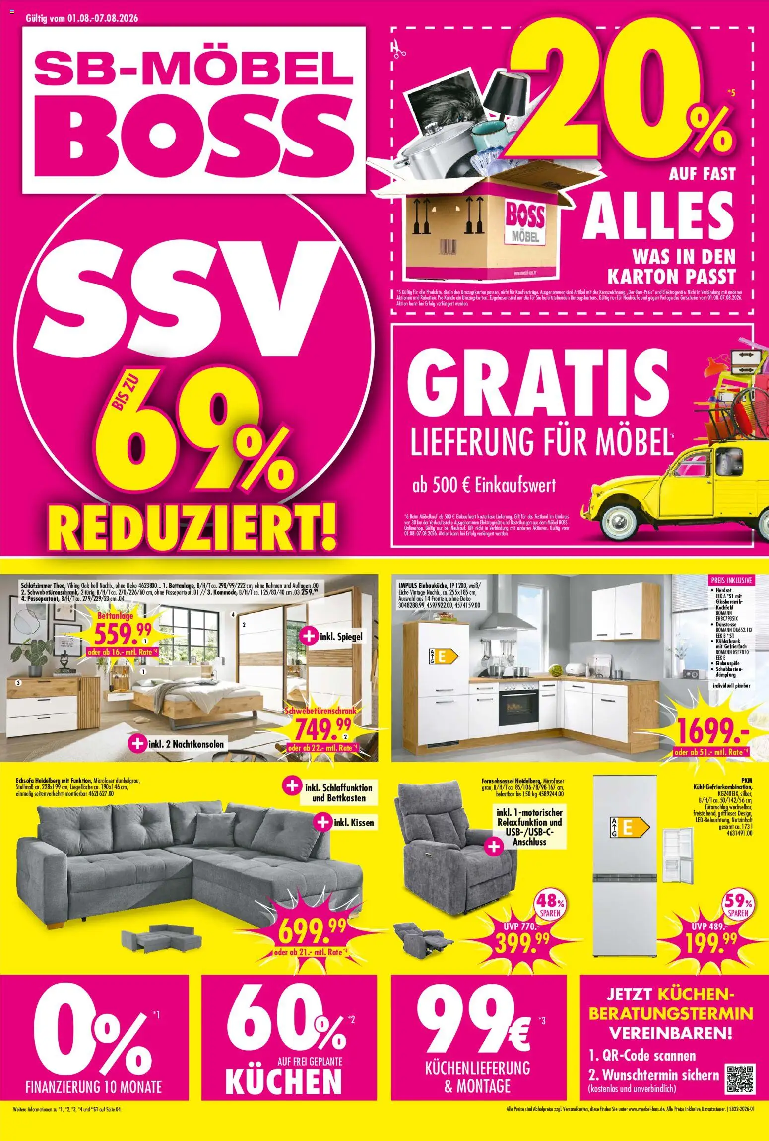 SB Möbel Boss Prospekt – gültig ab 01.08.2026 | Seite: 1 | Produkte: Ecksofa, Schwebetürenschrank, Kühlschrank, Kuchen