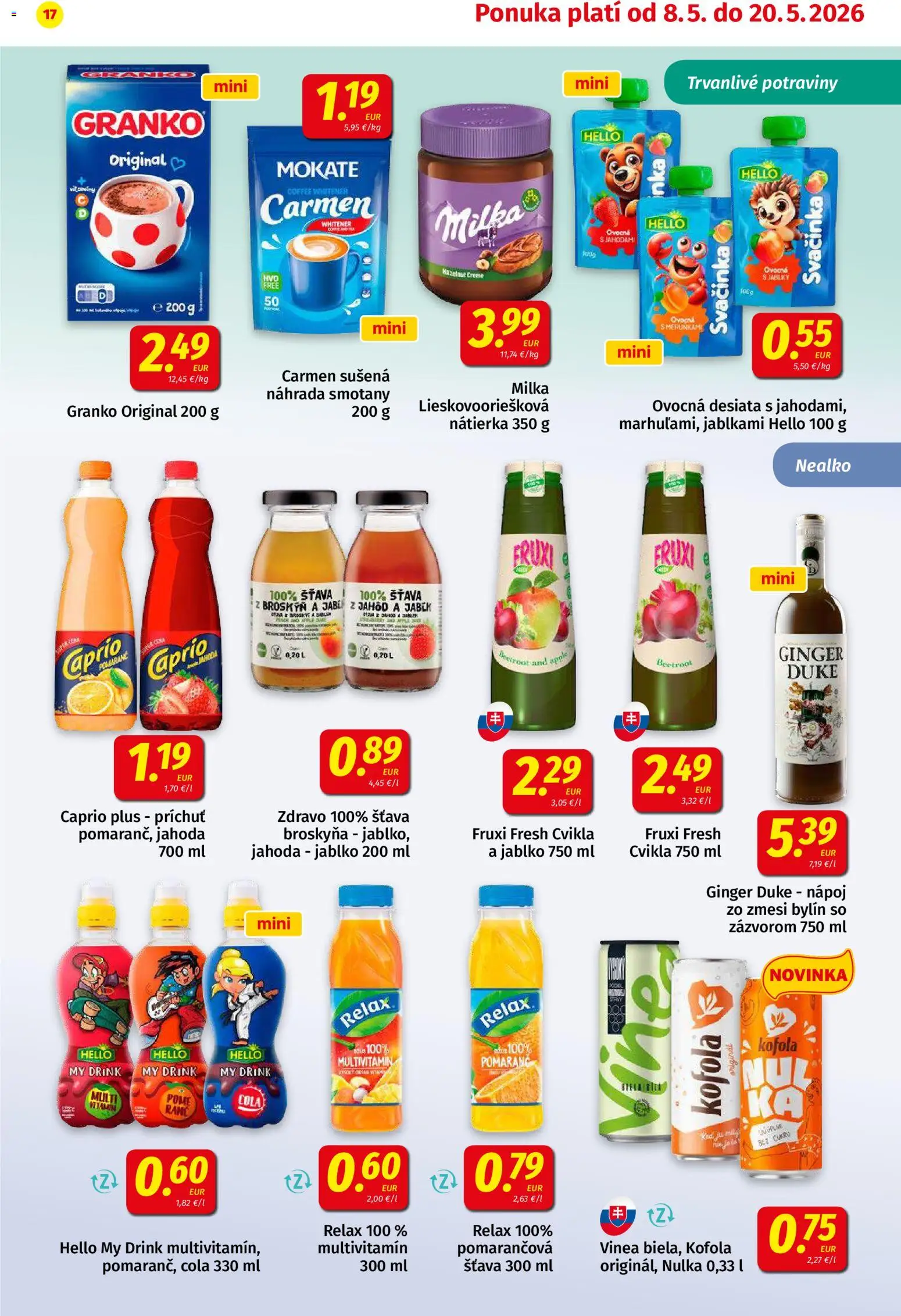 Nové Koruna akcie – leták je platný od 08.05.2026 | Strana: 17 | Produkty: Kofola, Cvikla, Cola, Granko