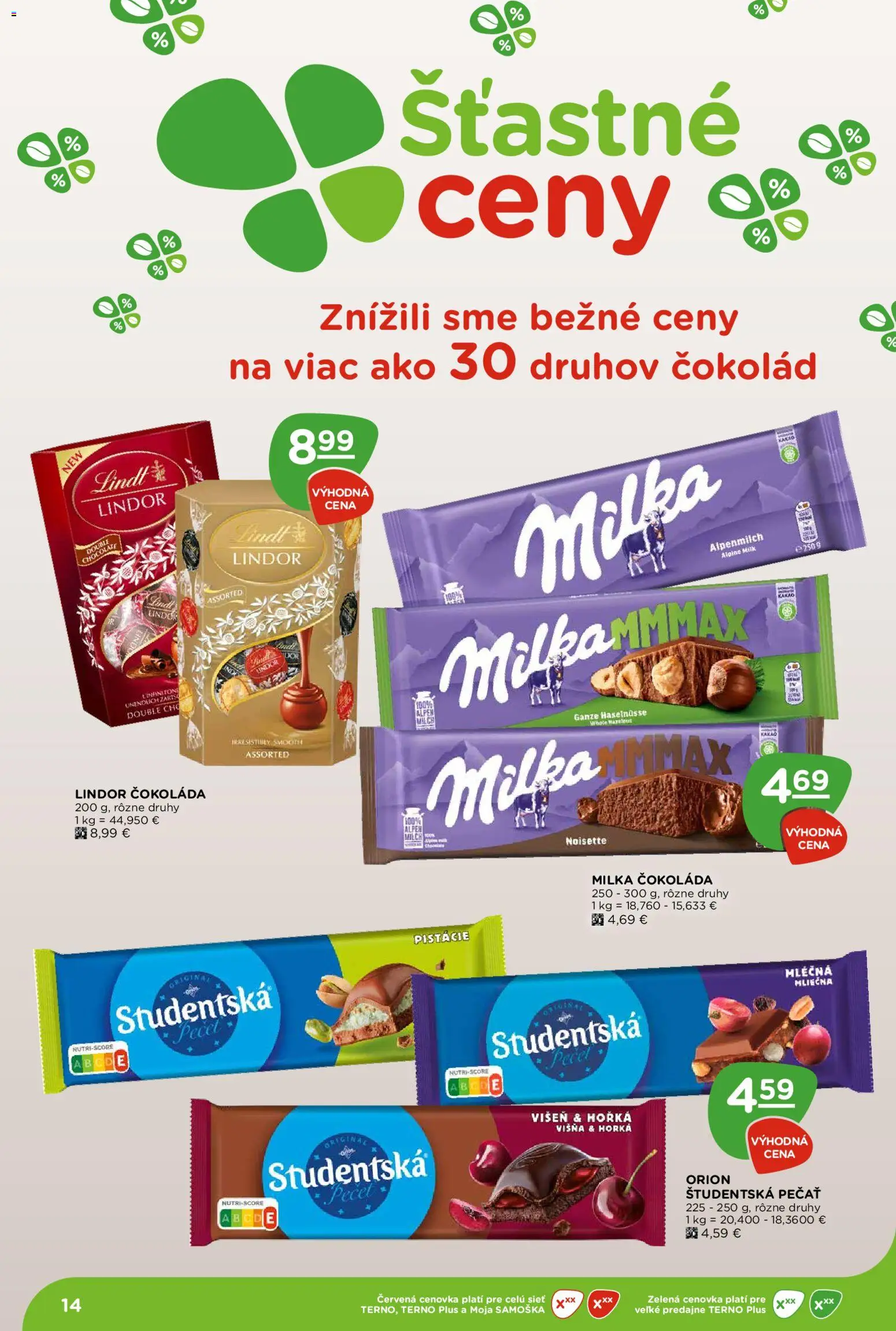 Nové Terno akcie – leták je platný od 06.08.2026 | Strana: 14 | Produkty: Lindt, Študentská pečať, Milka, Kakao