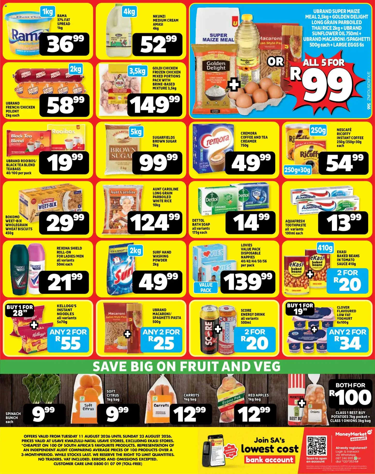 New Usave catalogue – valid from 11/08/2026 | Page: 2 | Products: Maize meal, Chicken, Energy drink, Cream