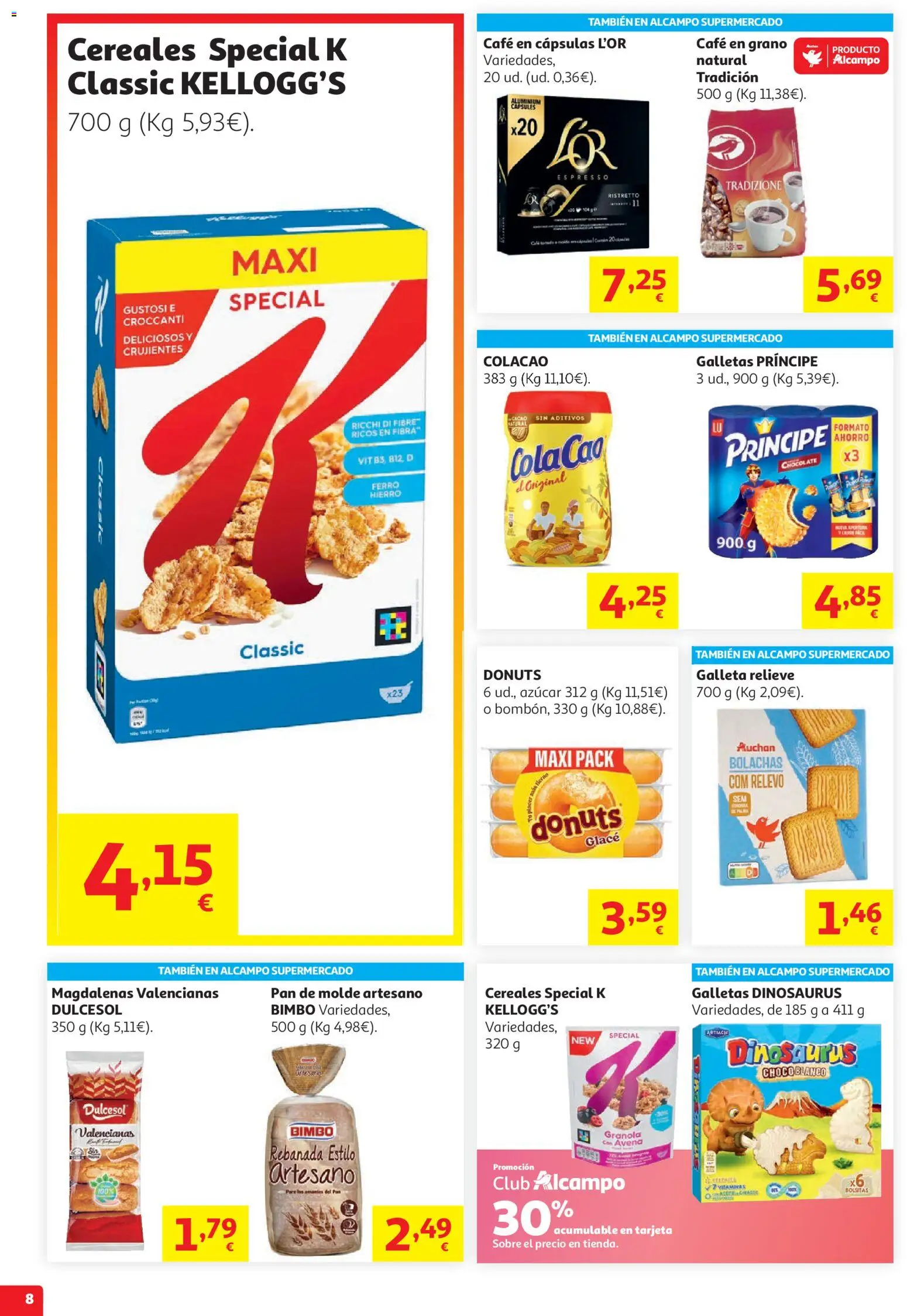 Alcampo HP Unico No Litoral │ válido desde el 29/07/2026 | Página: 8 | Productos: Cereales, Galletas, Café en cápsulas, Donuts