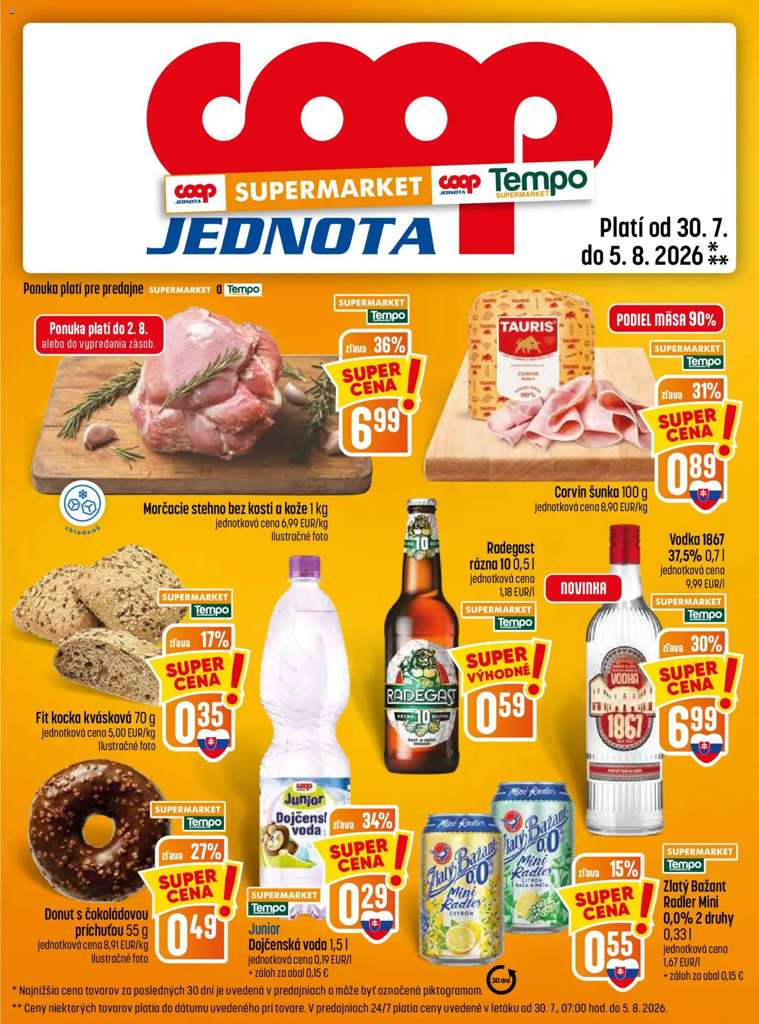 Nové COOP Jednota akcie – leták je platný od 30.07.2026 | Strana: 13 | Produkty: Šunka, Radegast, Radler, Vodka