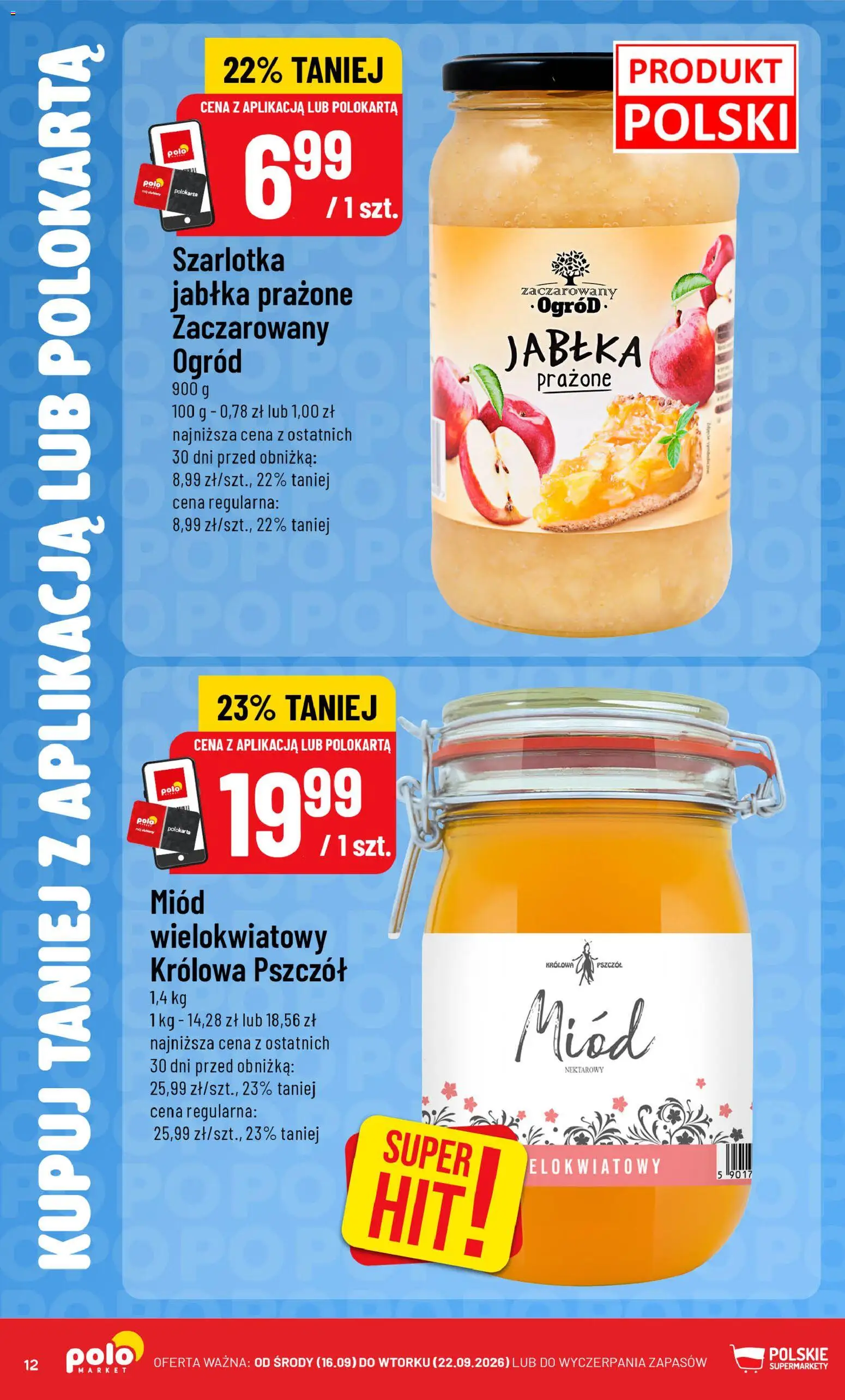 Nowa POLOmarket gazetka od jutra 16.09.2026 | Strona: 12 | Produkty: Miód, Miód wielokwiatowy, Jabłka prażone, Jabłka