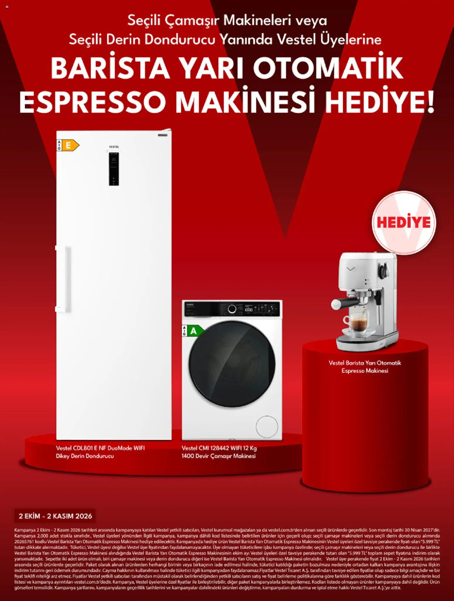Vestel - Küçük Ev Aletleri - 01 Ekim 2026 tarihinden itibaren geçerlidir | Sayfa: 3 | Ürünler: Sepet, Kalkan, Dondurucu, Çamaşır makinesi