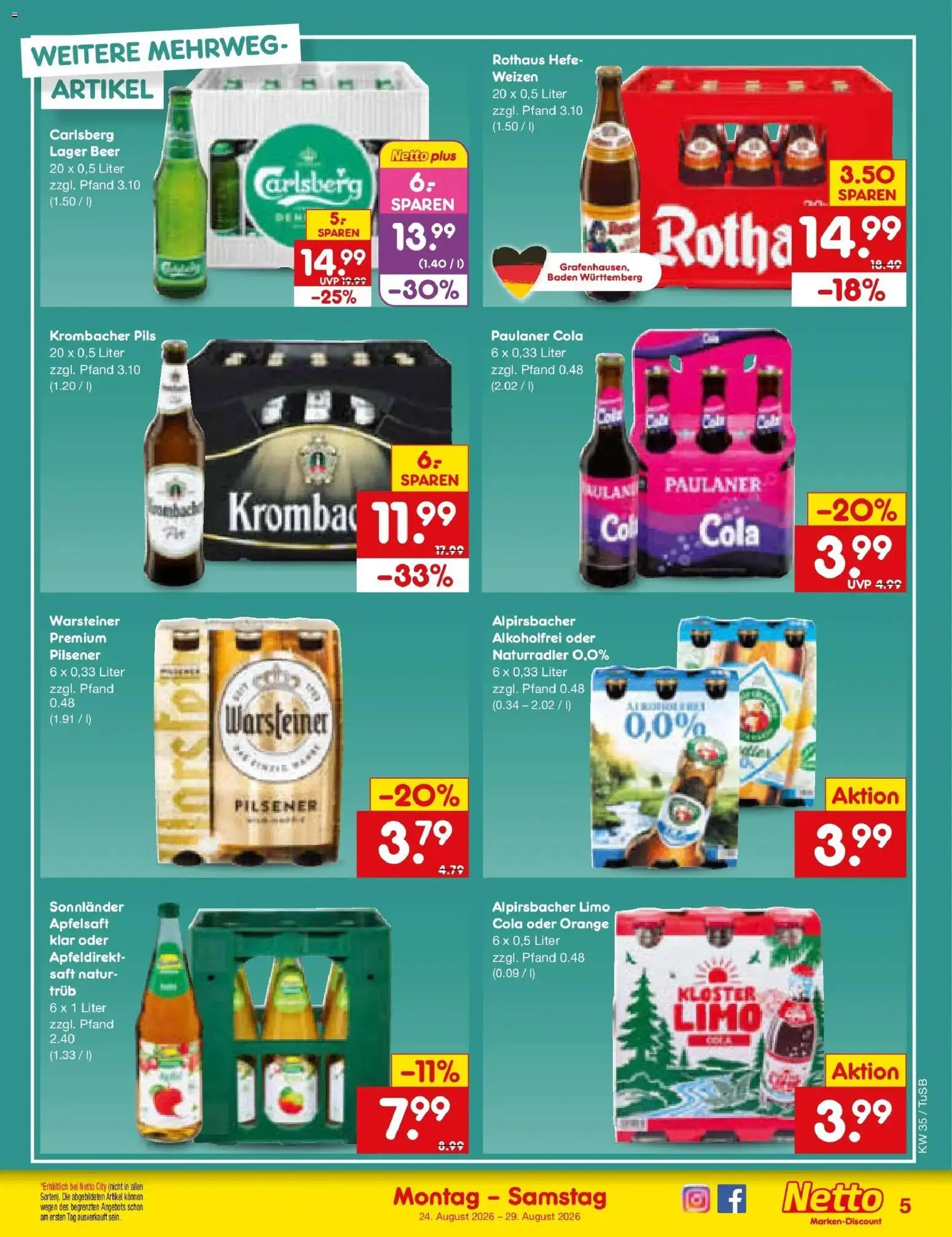 Netto Marken-Discount Prospekt Sindelfingen (ab 24.08.2026) » Angebote | Seite: 5 | Produkte: Carlsberg, Pils, Saft, Paulaner