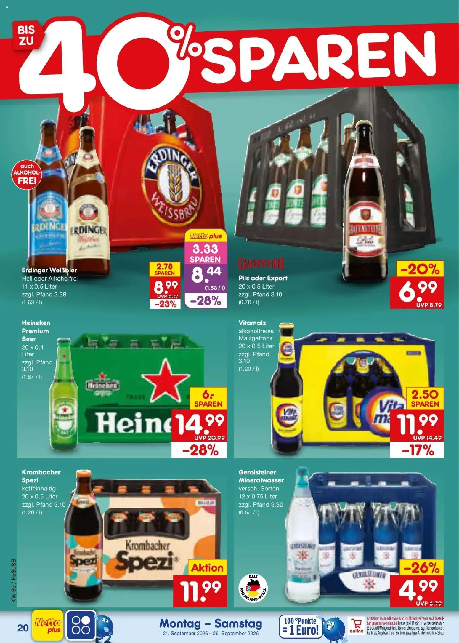 Netto Marken-Discount Prospekt Kruft – gültig ab 21.09.2026 | Seite: 28 | Produkte: Weißbier, Pils, Mineralwasser, Heineken