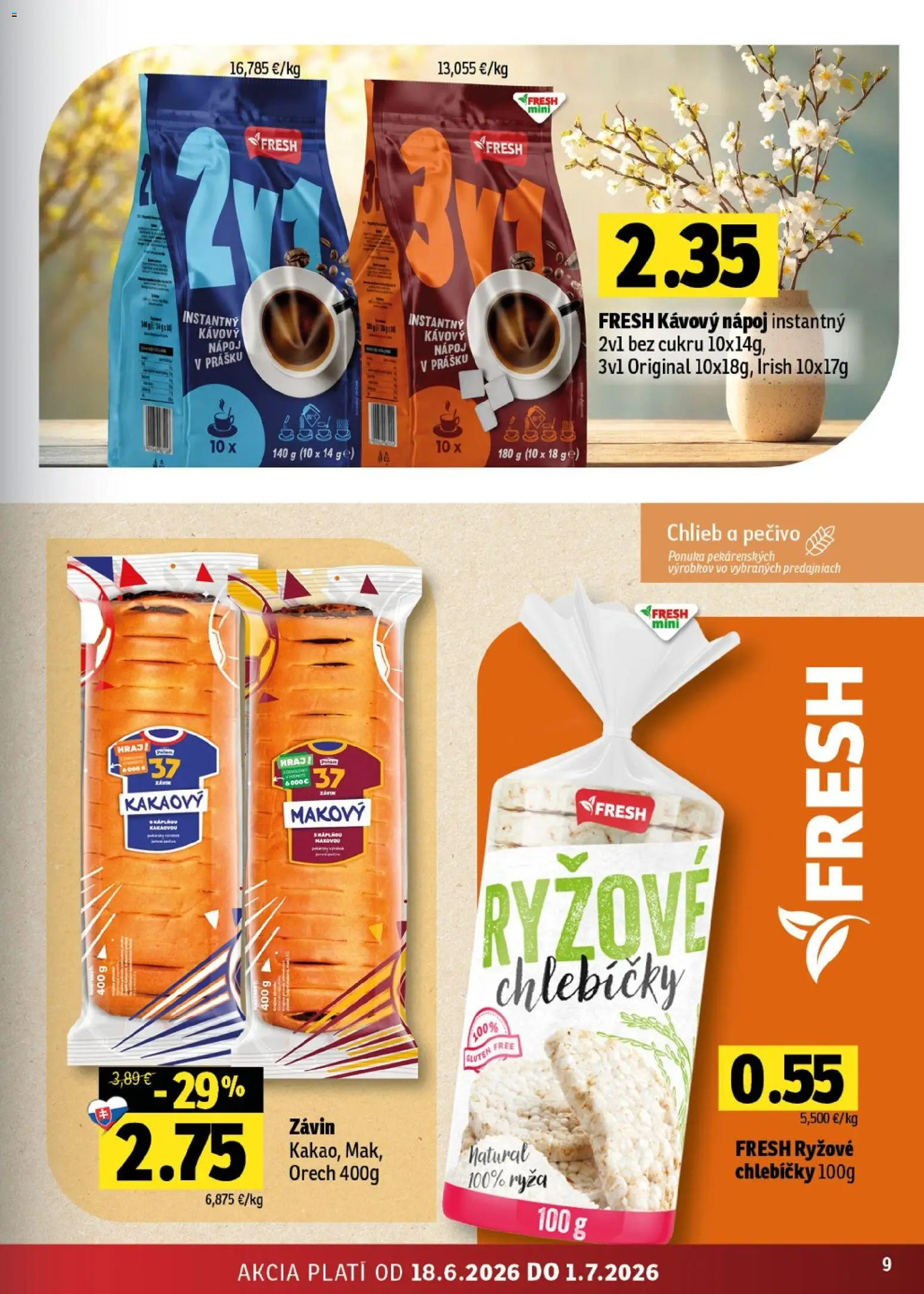 Nové Fresh akcie – leták je platný od 18.06.2026 | Strana: 9 | Produkty: Chlieb, Ryža, Závin