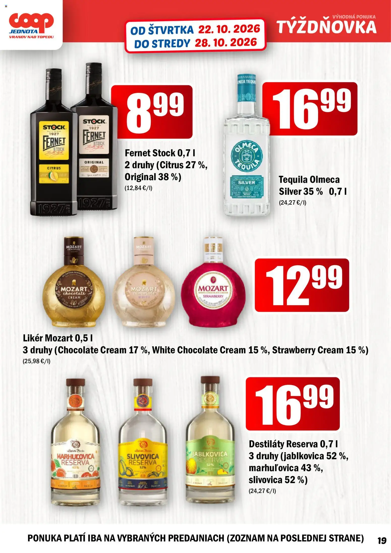 Nové COOP Jednota akcie – leták je platný od 22.10.2026 | Strana: 19 | Produkty: Slivovica, Fernet, Fernet Stock, Tequila