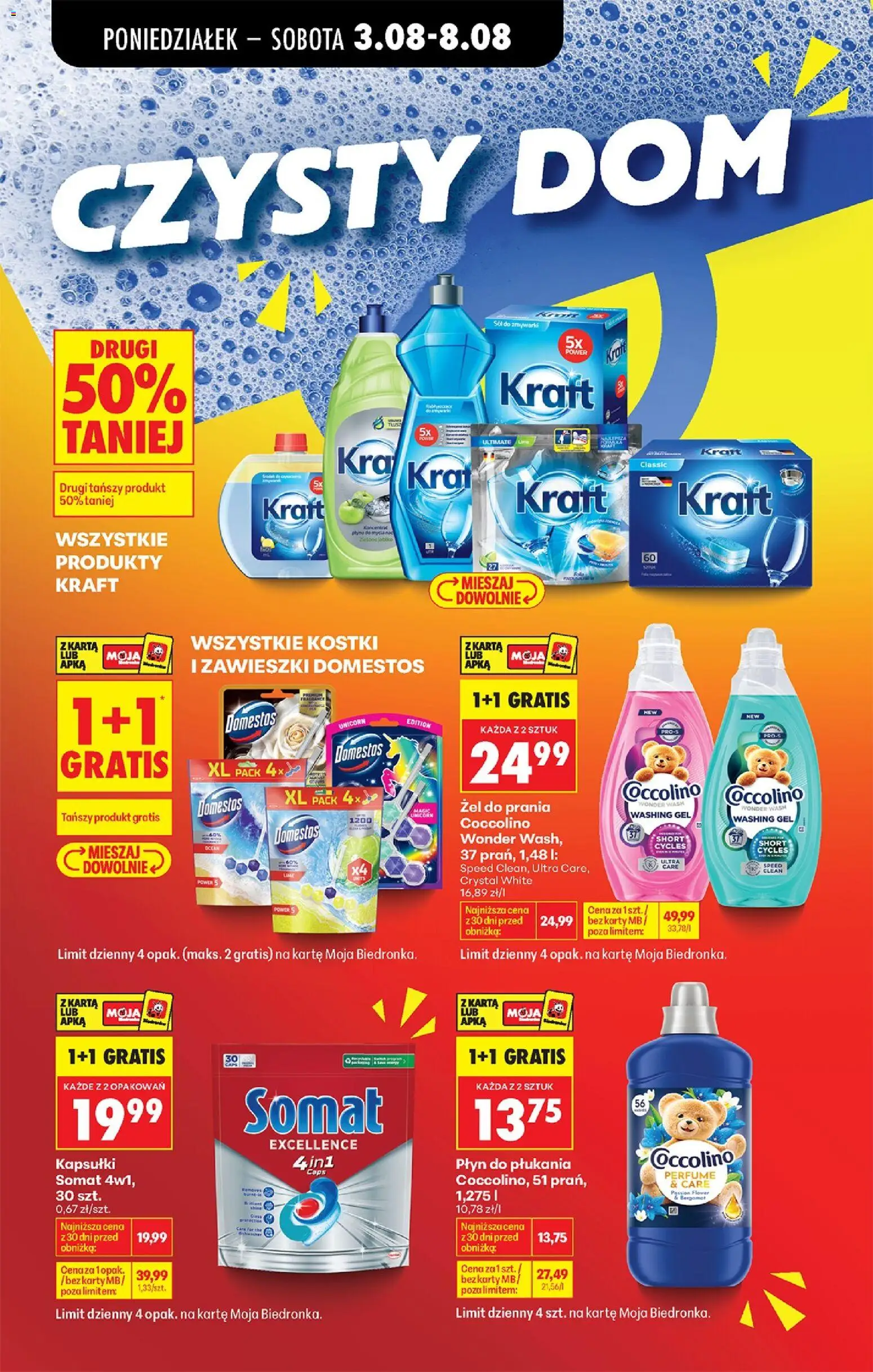 Biedronka gazetka od czwartku od 06.08.2026 | Strona: 16 | Produkty: Karta, Domestos, Sól do zmywarki, Kraft tabletki do zmywarki