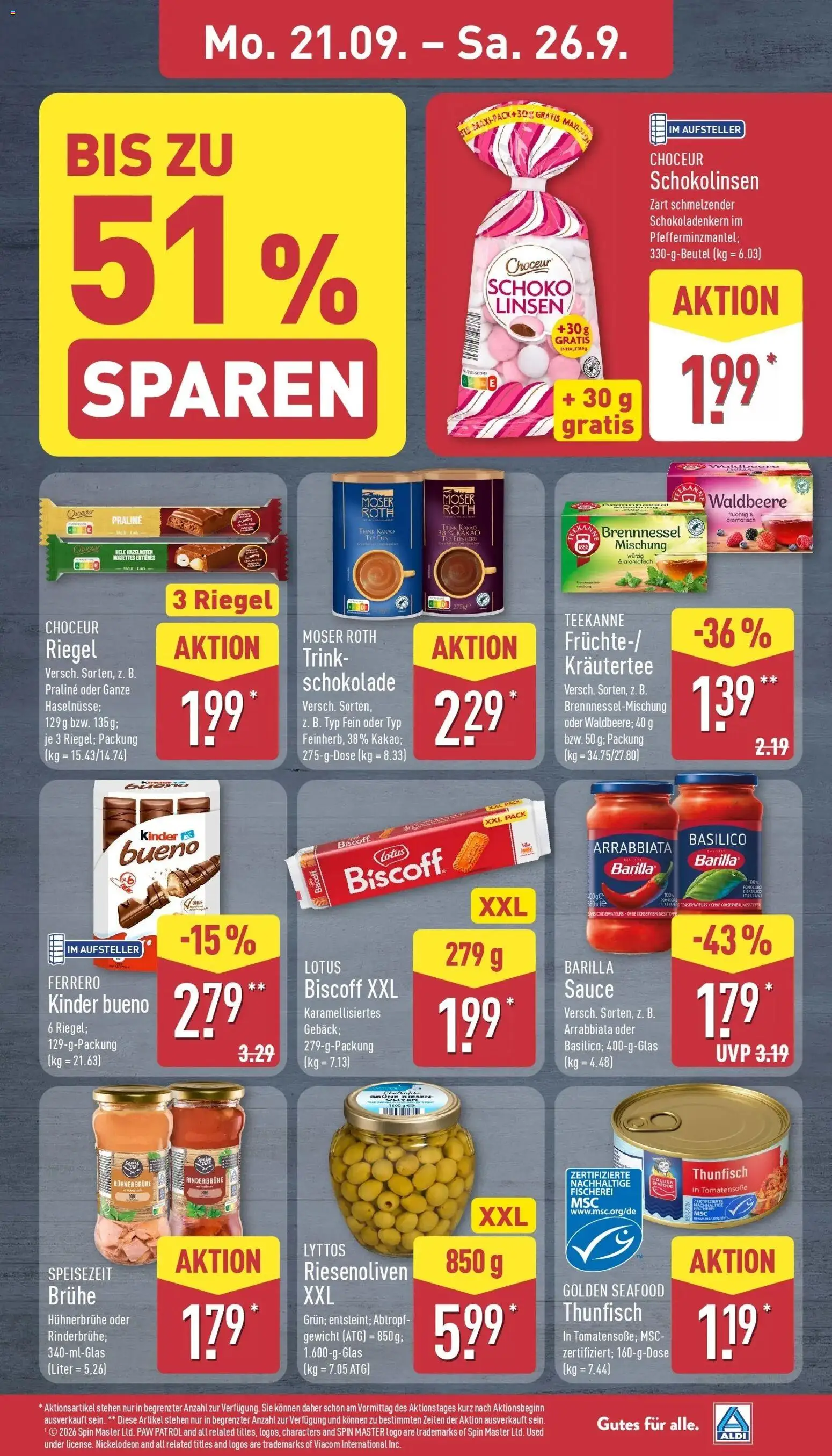Aldi Aktueller Prospekt (ab 21.09.2026) » Angebote Online | Seite: 7 | Produkte: Barilla, Kinder bueno, Brühe, Kräutertee