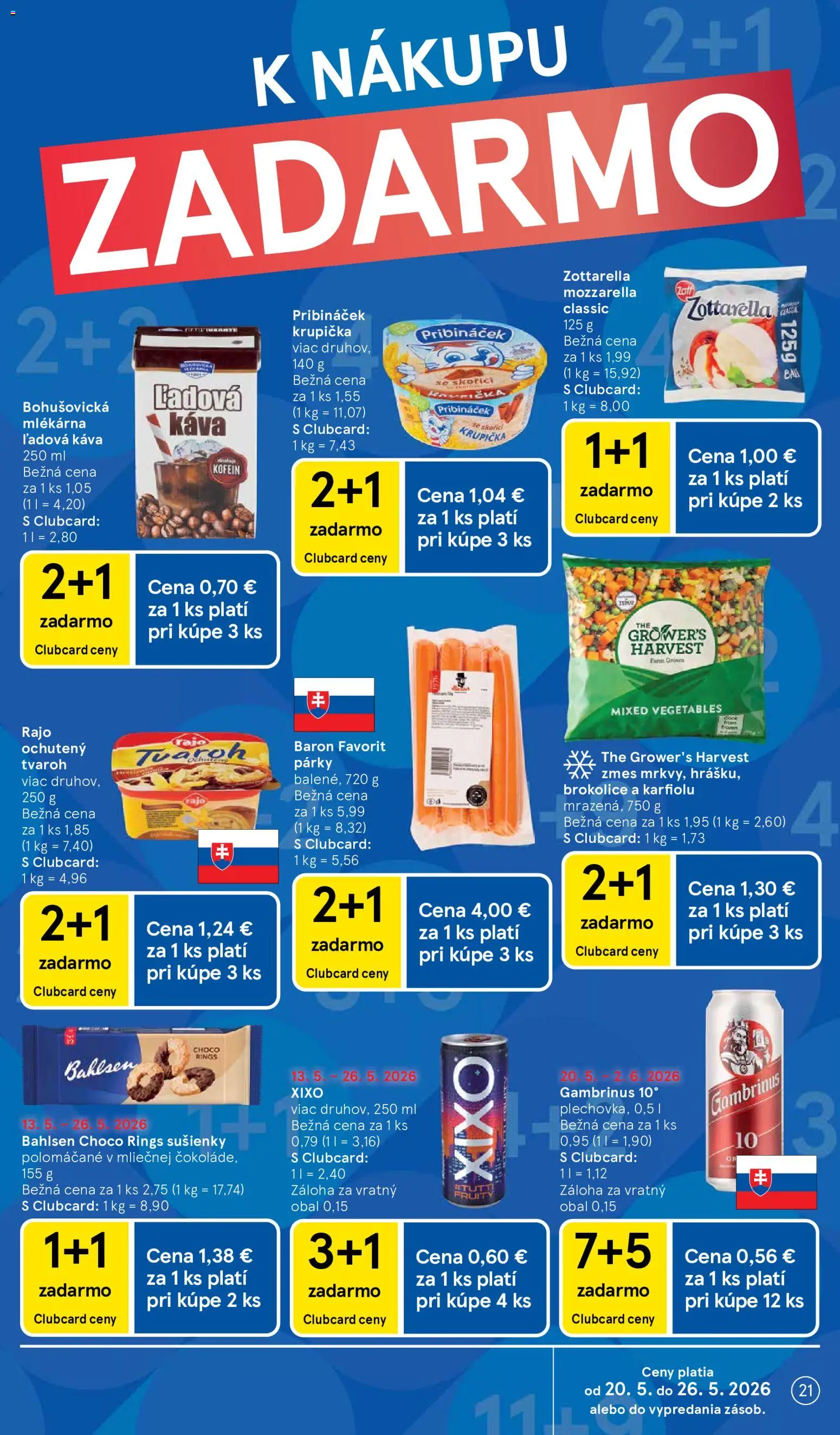 Nové Tesco akcie – leták je platný od 20.05.2026 | Strana: 21 | Produkty: Káva, Tvaroh, Párky, Gambrinus
