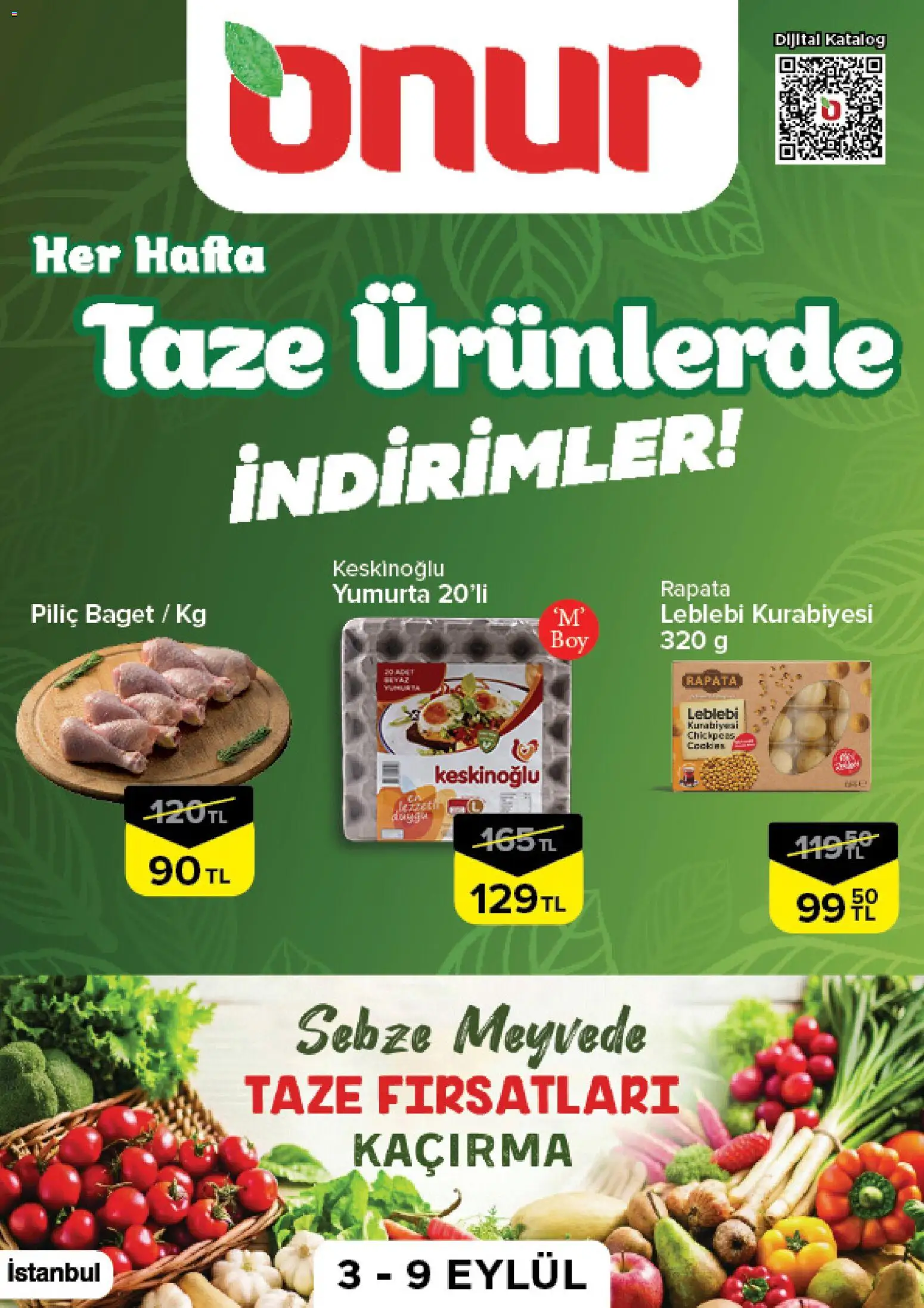 Onur Market - Taze Ürünlerde İndirimler - 03 Eylül 2026 tarihinden itibaren geçerlidir | Sayfa: 1 | Ürünler: Yumurta, Et, Sebze, Piliç