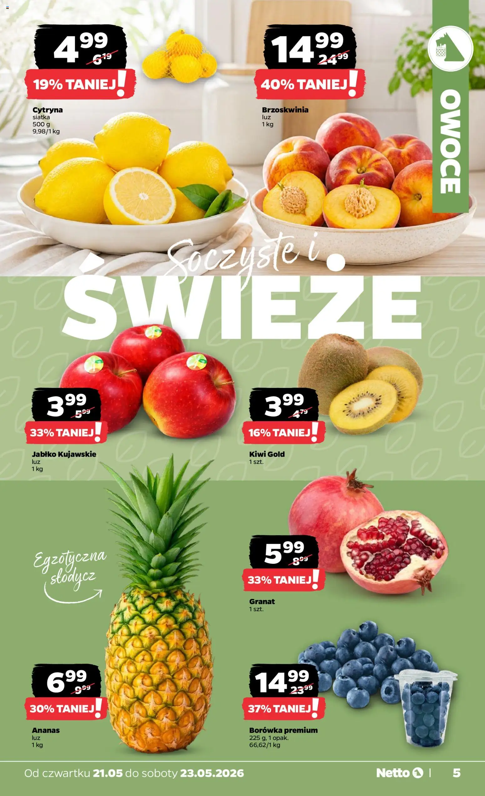 Netto gazetka od czwartku spożywcza od 21.05.2026 | Strona: 5 | Produkty: Cytryna, Ananas, Kiwi, Owoce