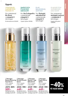 Novage+ Restore Renewing Face Serum, A golden-colored renewing face serum in a 30 ml clear bottle with a gold cap. - Förhandsvisning av reklamblad från butik Oriflame aktuell från 03.06.2026 | Sida: 93 | Produkter: Serum