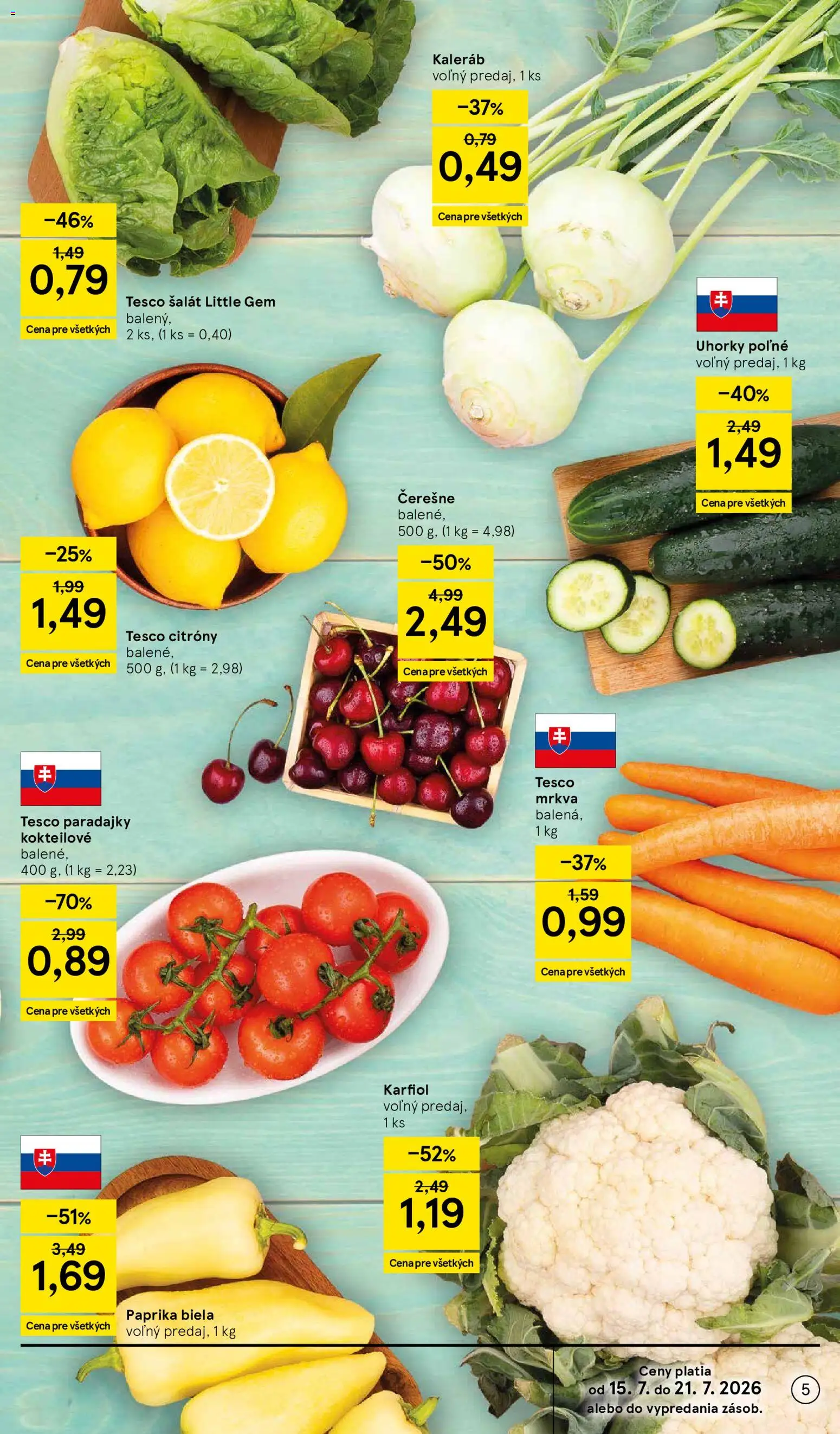Nové Tesco akcie – leták je platný od 15.07.2026 | Strana: 5 | Produkty: Paprika, Citróny, Šalát, Kaleráb