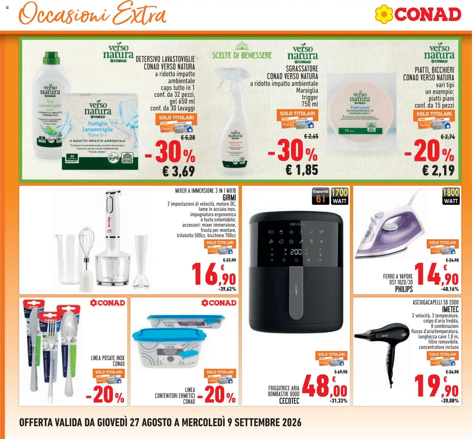Volantino Conad del 27/08/2026 | Pagina: 24 | Prodotti: Detergente, Ferro, Asciugacapelli, Friggitrice