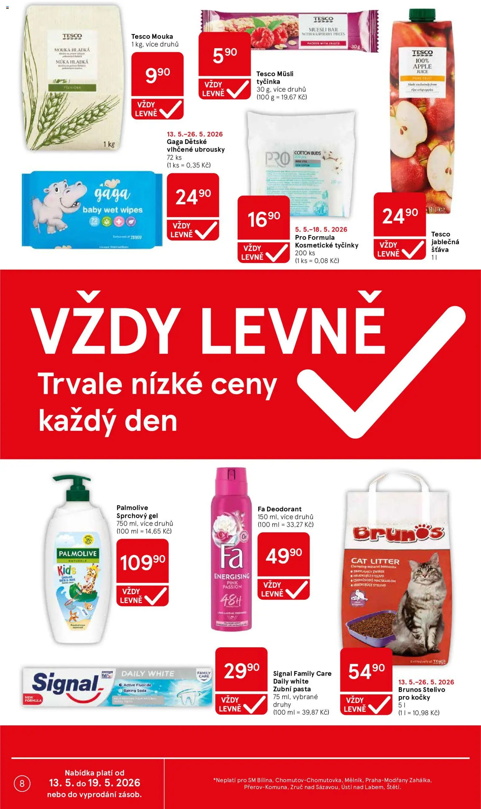 Tesco leták - Supermarket od 13.05.2026 | Strana: 8 | Produkty: Vlhčené ubrousky, Zubní pasta, Tyčinky, Mouka