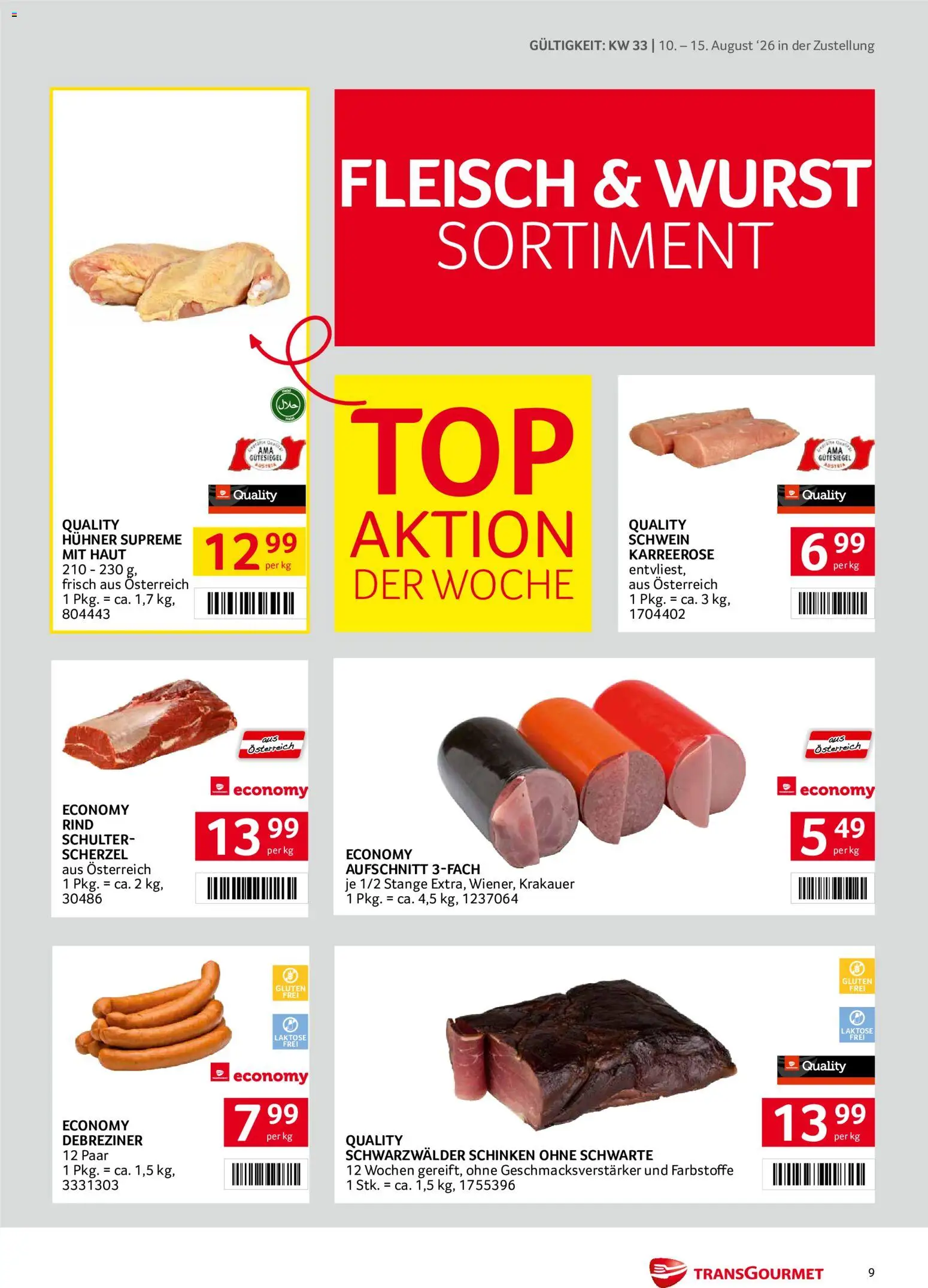 Transgourmet Zustellaktion gültig ab 10.08.2026 | Seite: 9 | Produkte: Wurst, Schinken