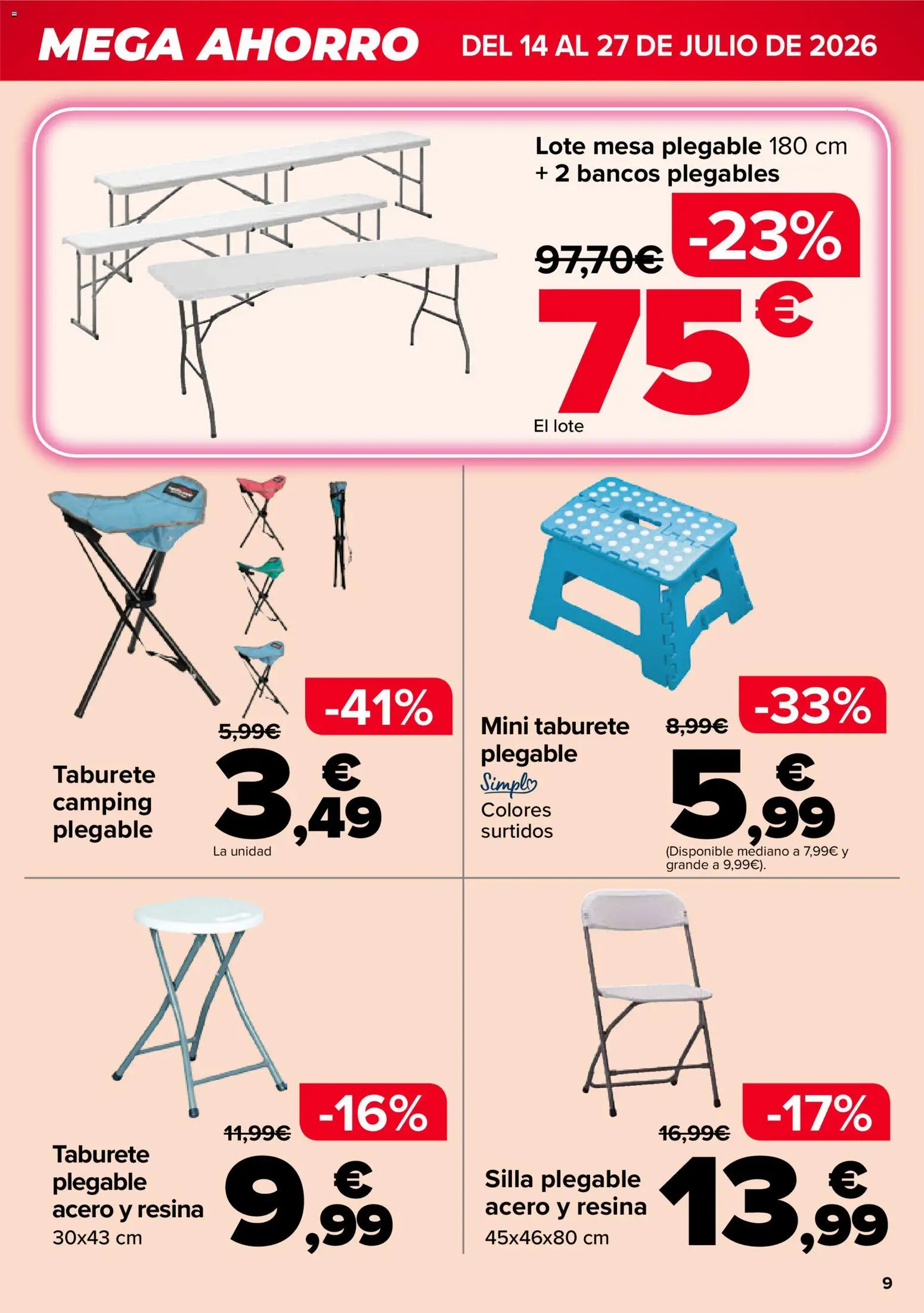 Carrefour Mega Ahorro │ válido desde el 14/07/2026 | Página: 9 | Productos: Taburete, Mesa, Silla
