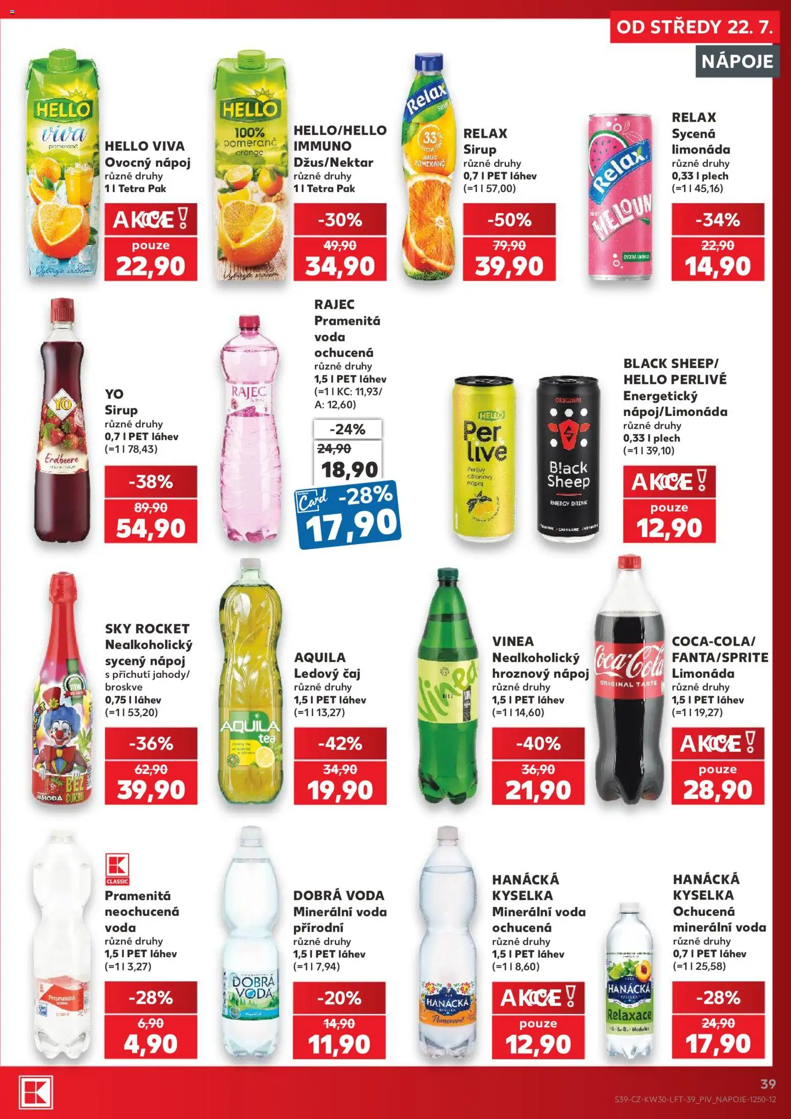 Kaufland leták od 22.07.2026 | Strana: 39 | Produkty: Limonáda, Broskve, Sirup YO, Minerální voda