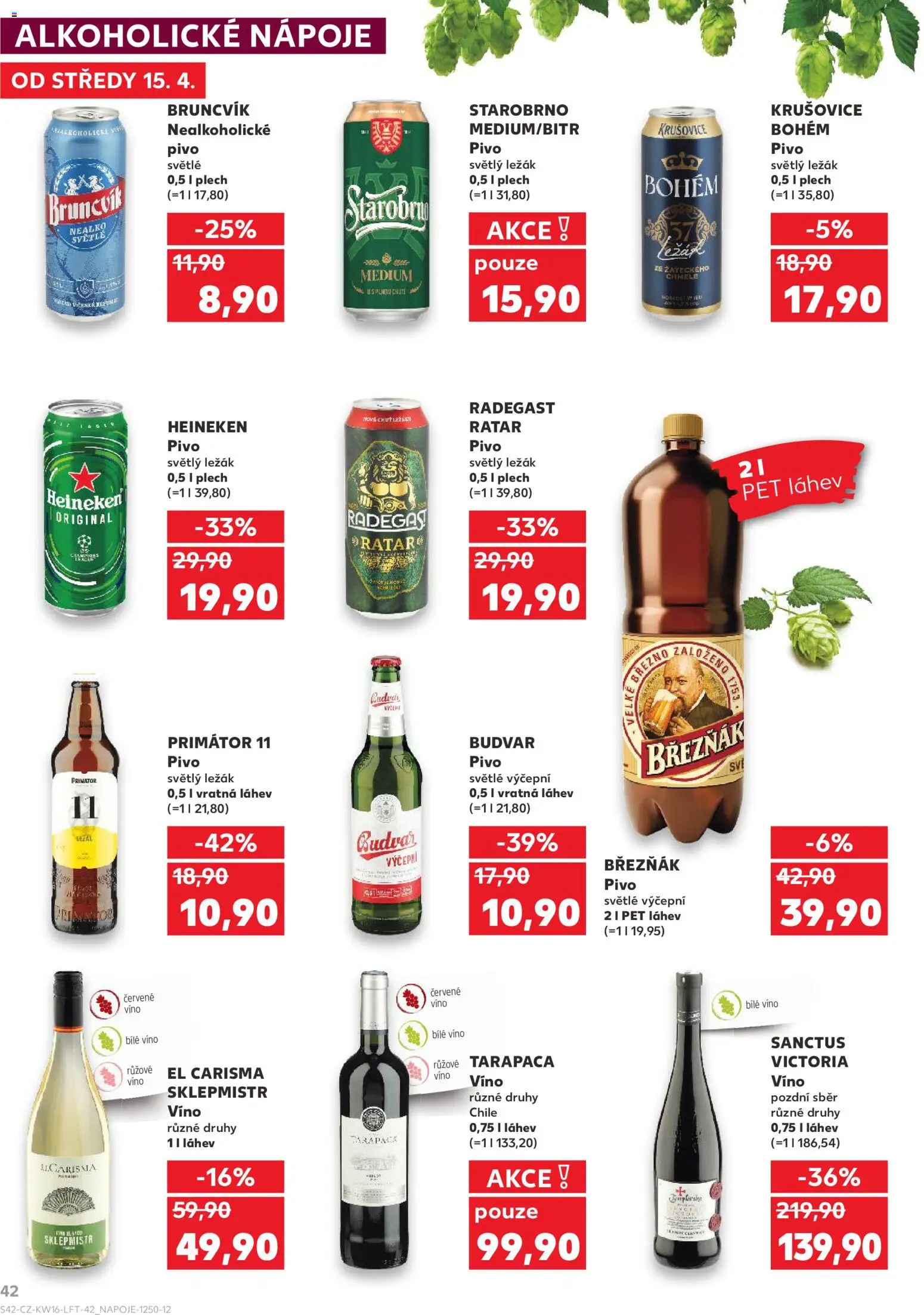 Kaufland leták od 15.04.2026 | Strana: 42 | Produkty: Budvar, Březňák, Krušovice Bohém, Alkoholické nápoje