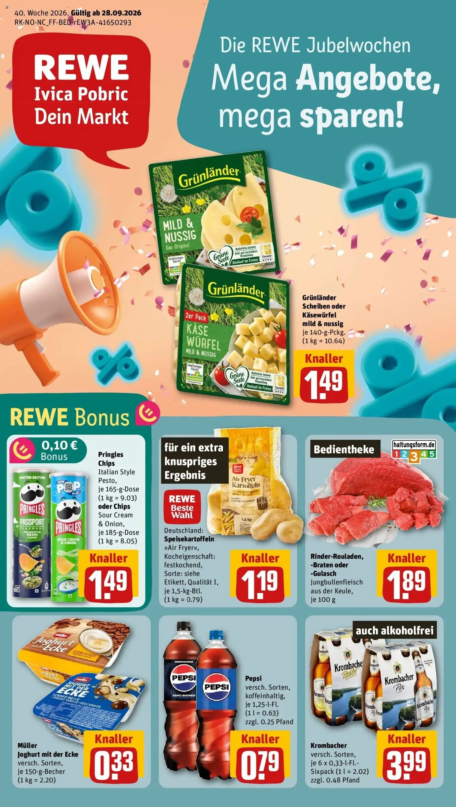 REWE Prospekt ab 28.09.2026 zum Blättern » Angebote | Seite: 1 | Produkte: Joghurt, Pils, Zucker, Chips