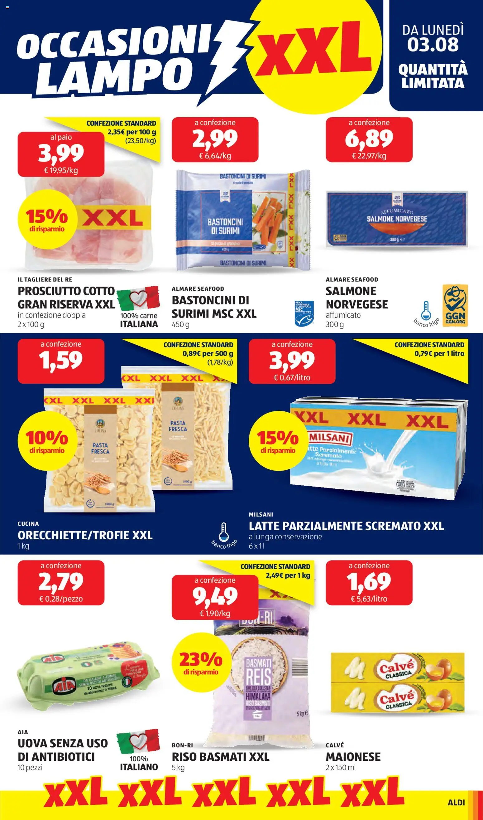 Volantino Aldi del 03/08/2026 | Pagina: 13 | Prodotti: Salmone, Bastoncini di surimi, Surimi, Latte