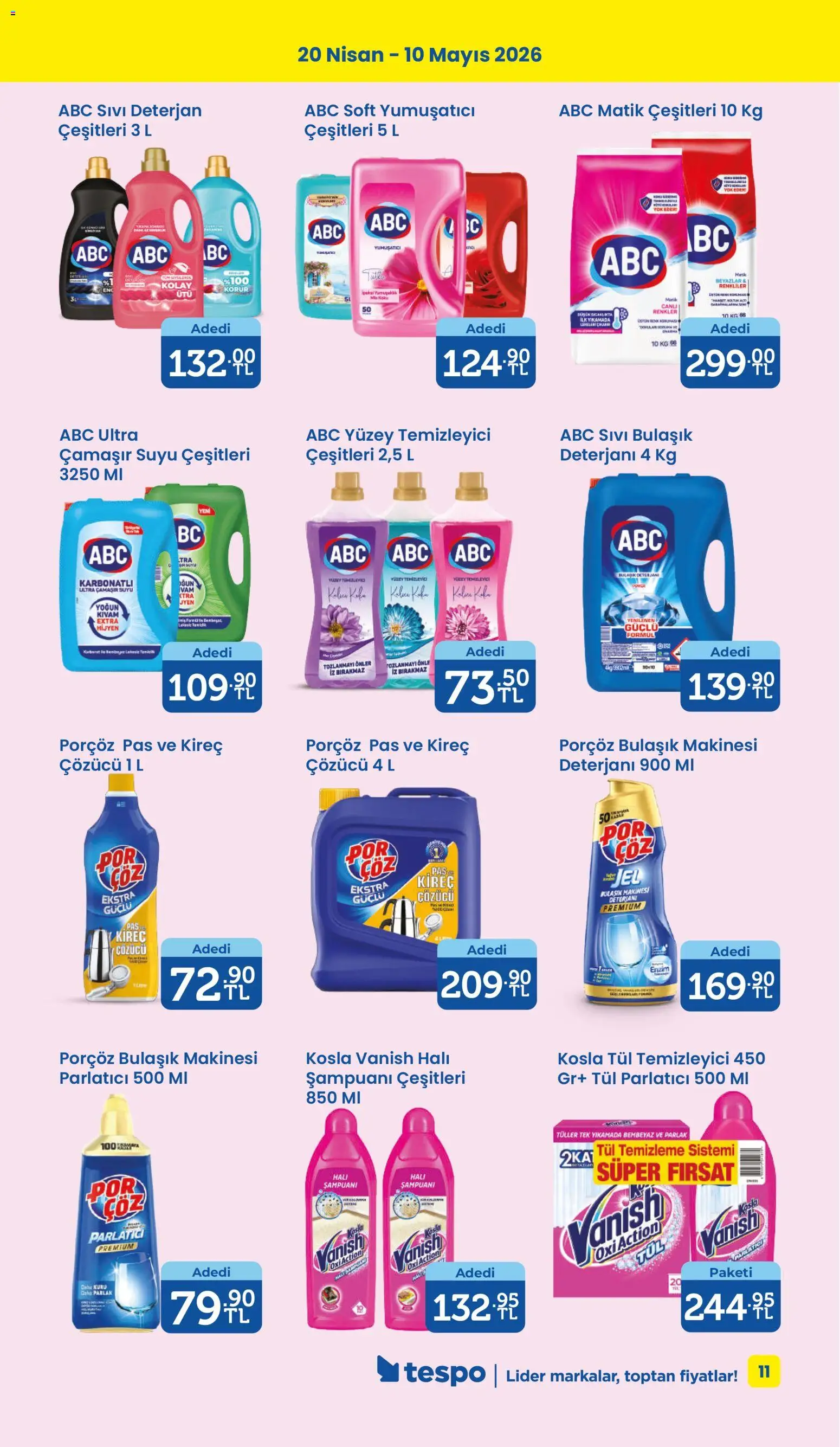 Tespo Katalog - 20.04.2026 tarihinden itibaren geçerlidir | Sayfa: 11 | Ürünler: Kireç çözücü, Deterjan, Yüzey temizleyici, Bulaşık makinesi