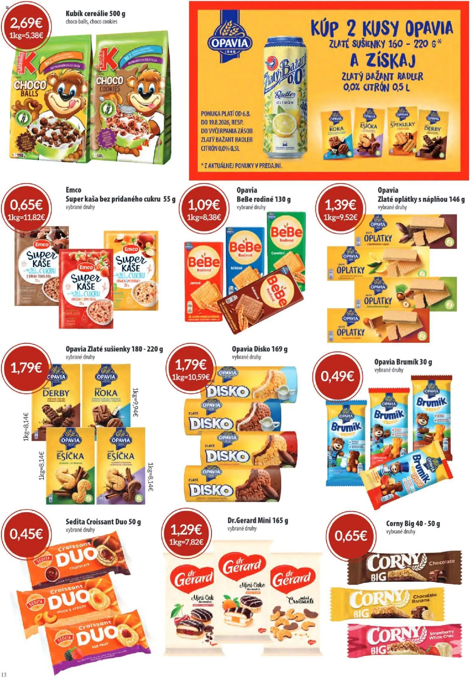 Nové Sintra akcie – leták je platný od 06.08.2026 | Strana: 13 | Produkty: Croissant, Radler, Zlatý Bažant, Cereálie