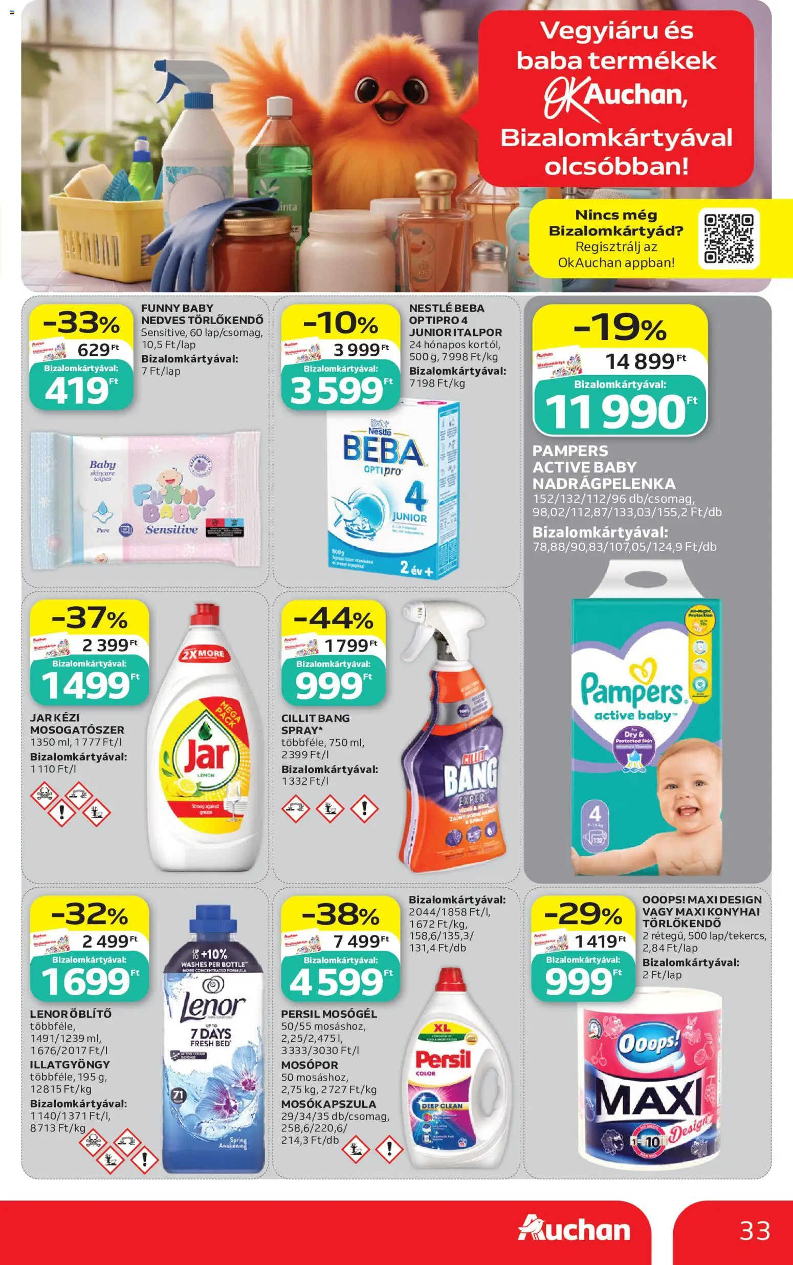 Auchan akciós ujság - amely érvényes a következő dátumtól: 2026.08.13. | Oldal: 33 | Termékek: Pampers, Persil, Törlőkendő, Mosógél