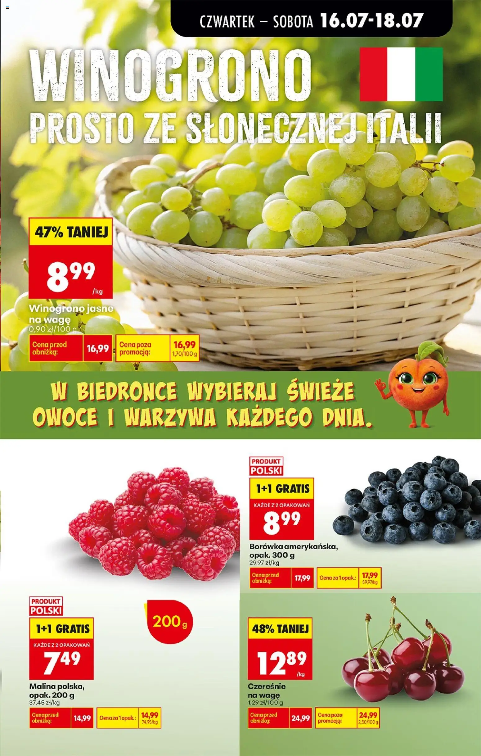 Biedronka gazetka od czwartku od 16.07.2026 | Strona: 23 | Produkty: Malina, Winogrono, Czereśnie, Owoce