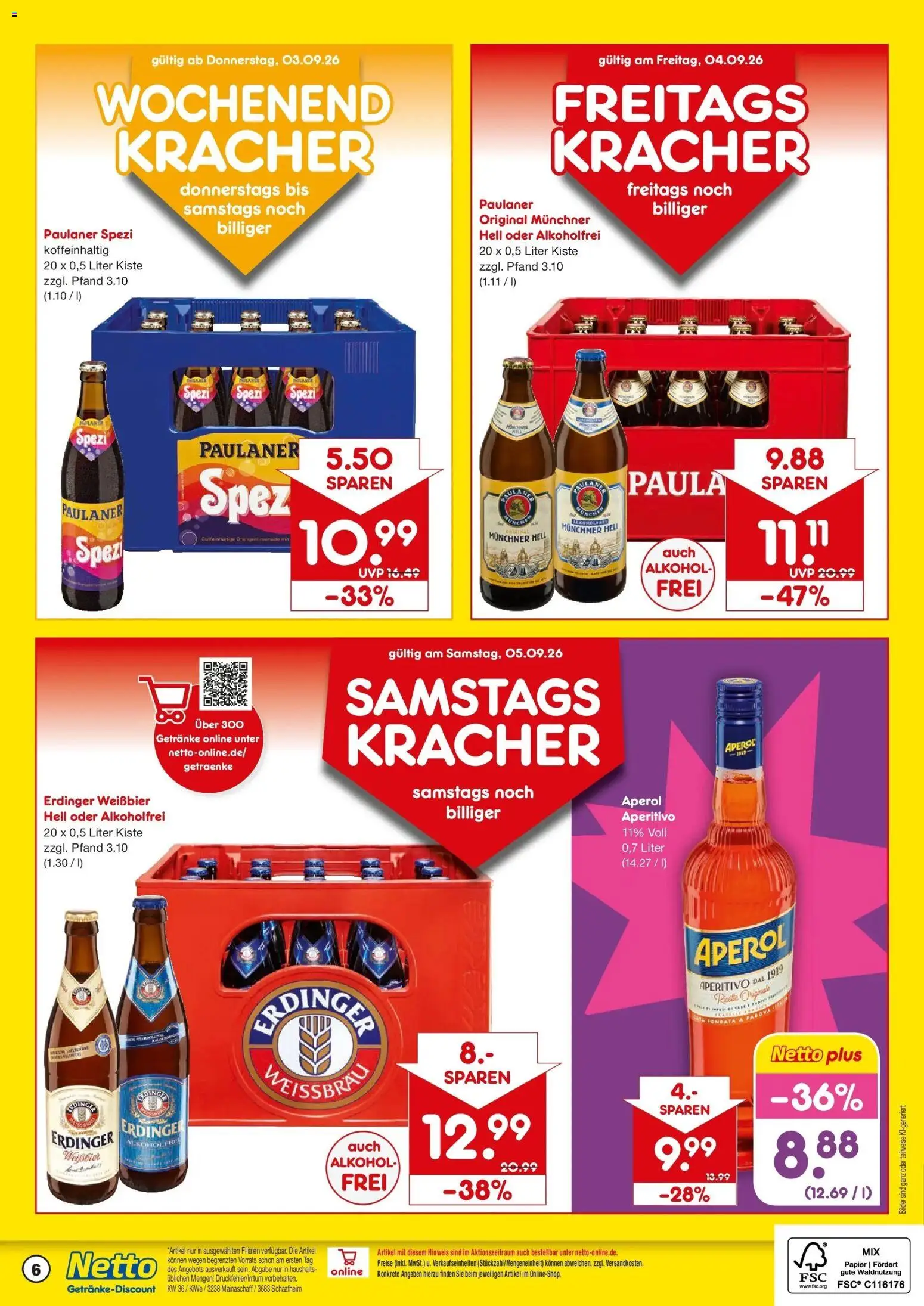 Netto Marken-Discount Prospekt Mainaschaff – gültig ab 31.08.2026 | Seite: 6 | Produkte: Weißbier, Paulaner spezi, Bilder, Aperol