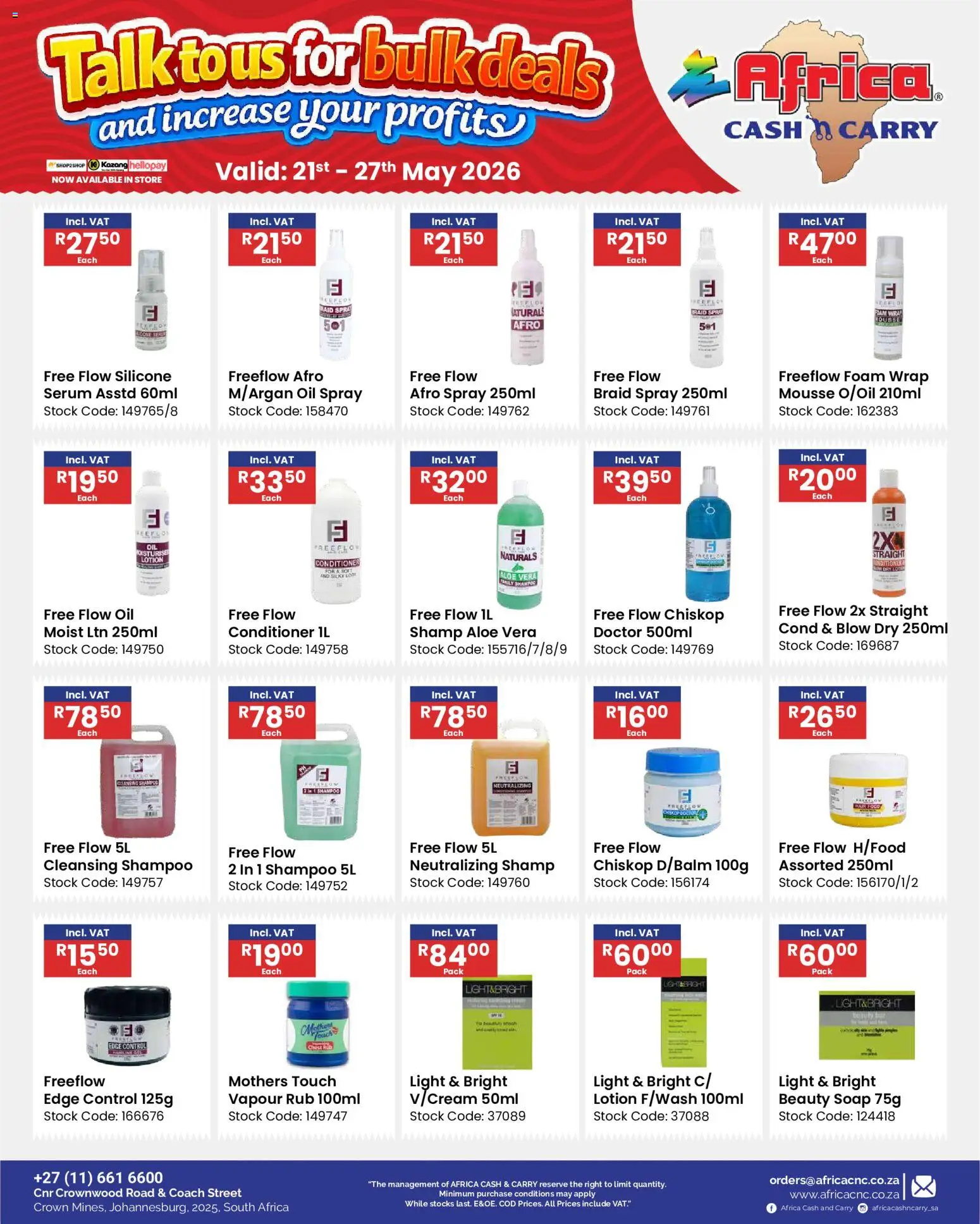New Africa Cash & Carry catalogue – valid from 21.05.2026 | Page: 50 | Products: Serum, Light, Shampoo, Stock