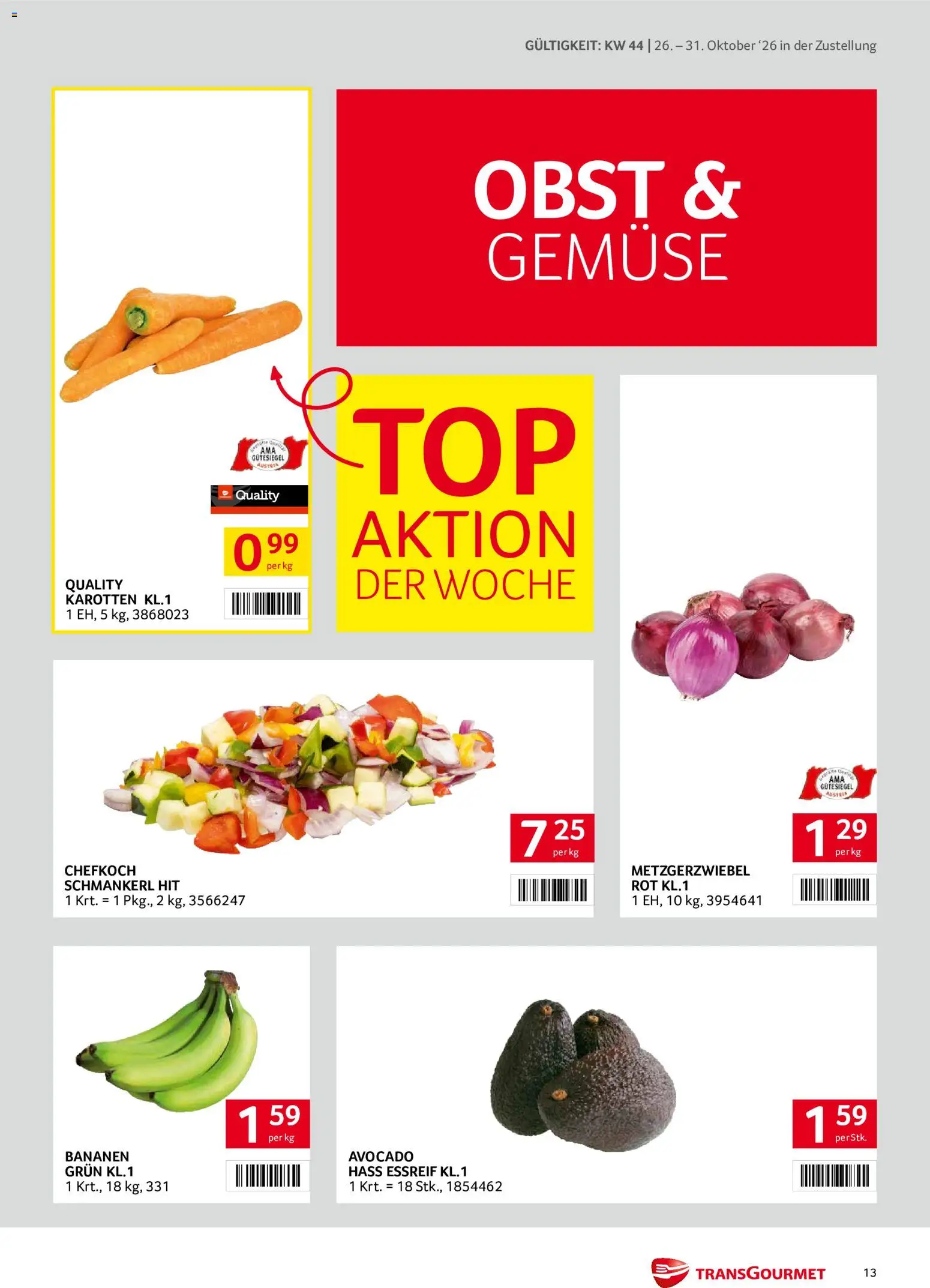 Transgourmet Flugblatt gültig ab 26.10.2026 | Seite: 13 | Produkte: Avocado, Gemüse, Obst, Bananen