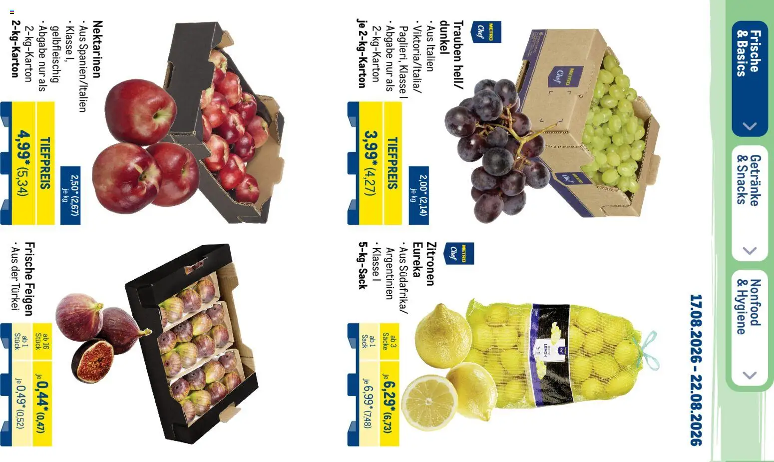 Metro NonFood-Angebote – gültig ab 17.08.2026 | Seite: 40 | Produkte: Nektarinen, Trauben, Feigen, Zitronen