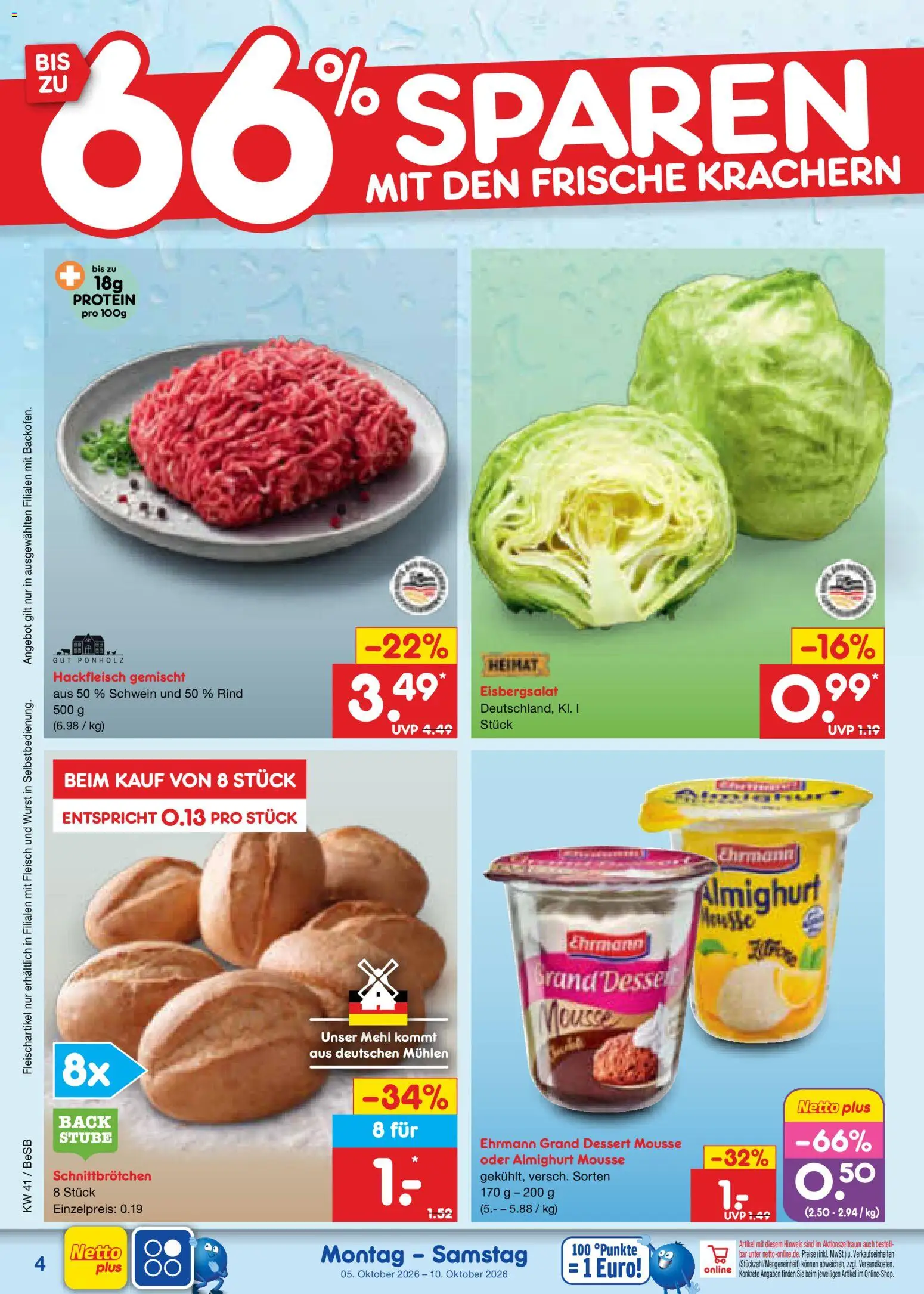 Netto Marken-Discount Prospekt – gültig ab 05.10.2026 | Seite: 4 | Produkte: Mehl, Wurst, Fleisch, Hackfleisch